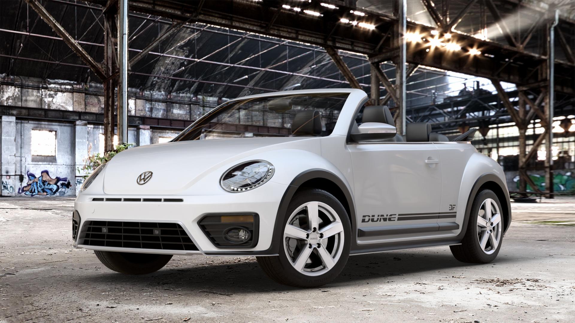 DEZENT TU SILVER Felge mit Reifen silber in 17Zoll Winterfelge Alufelge auf weissem Volkswagen (VW) Beetle Dune Cabriolet Typ 16 ⬇️ mit 15mm Tieferlegung ⬇️ Old Industrial Hall_max_4400mm_2024 Frontansicht_1