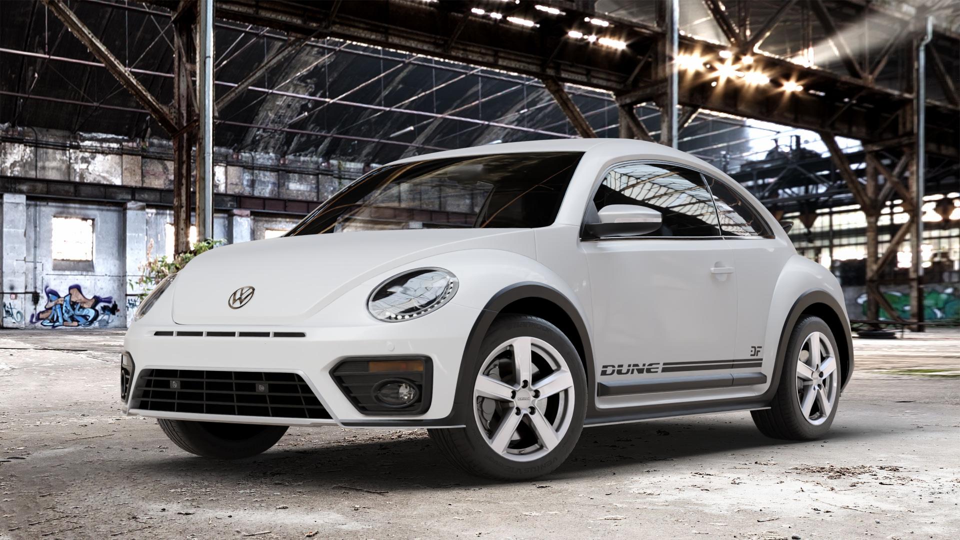 DEZENT TU SILVER Felge mit Reifen silber in 17Zoll Winterfelge Alufelge auf weissem Volkswagen (VW) Beetle Dune Typ 16 ⬇️ mit 15mm Tieferlegung ⬇️ Old Industrial Hall_max_4400mm_2024 Frontansicht_1