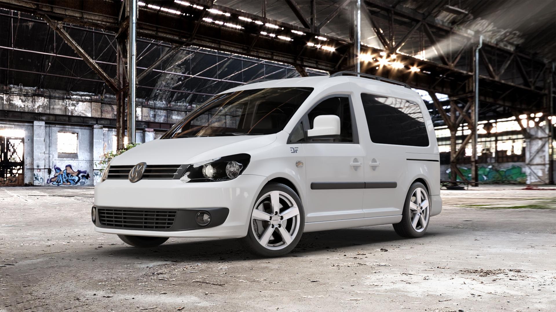 DEZENT TU SILVER Felge mit Reifen silber in 17Zoll Winterfelge Alufelge auf weissem Volkswagen (VW) Caddy 3 ⬇️ mit 15mm Tieferlegung ⬇️ Old Industrial Hall_max_5300mm_2024 Frontansicht_1