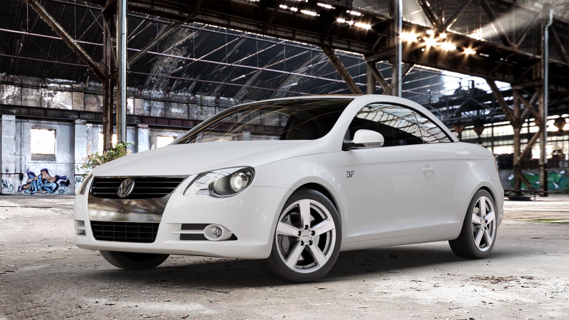 DEZENT TU SILVER Felge mit Reifen silber in 17Zoll Winterfelge Alufelge auf weissem Volkswagen (VW) Eos ⬇️ mit 15mm Tieferlegung ⬇️ Old Industrial Hall_max_4400mm_2024 Frontansicht_1
