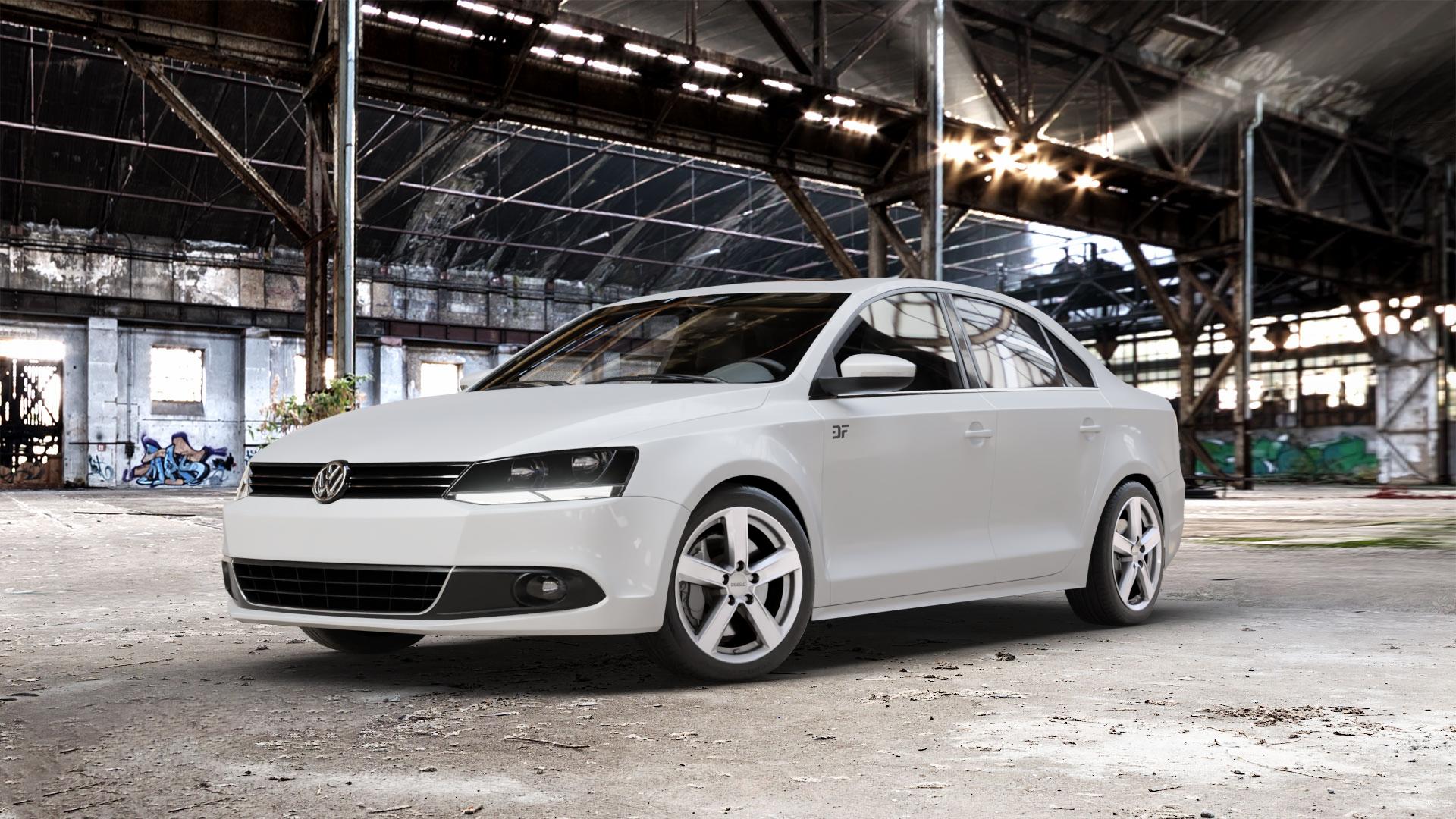 DEZENT TU SILVER Felge mit Reifen silber in 17Zoll Winterfelge Alufelge auf weissem Volkswagen (VW) Jetta 6 Typ 16 Facelift ⬇️ mit 15mm Tieferlegung ⬇️ Old Industrial Hall_max_5300mm_2024 Frontansicht_1