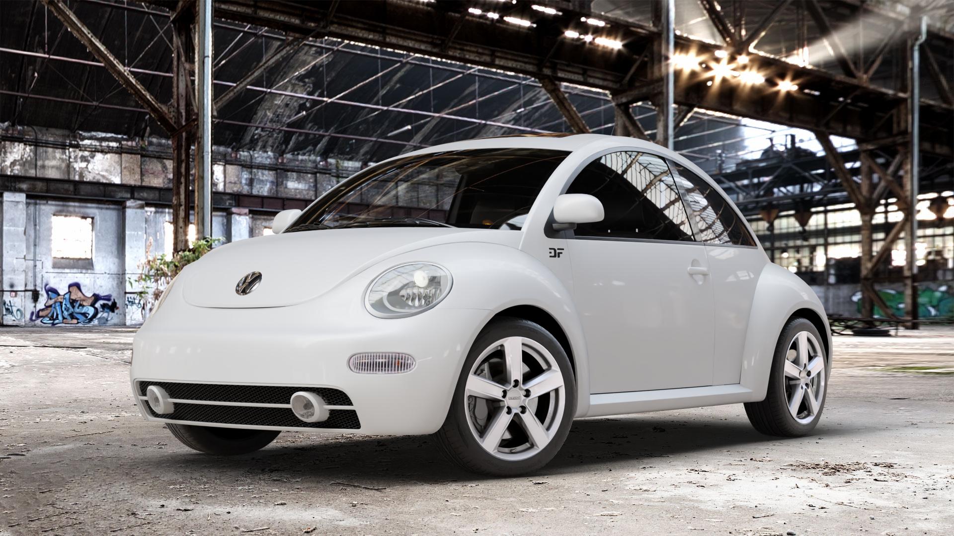 DEZENT TU SILVER Felge mit Reifen silber in 17Zoll Winterfelge Alufelge auf weissem Volkswagen (VW) New Beetle Typ 9C ⬇️ mit 15mm Tieferlegung ⬇️ Old Industrial Hall_max_4400mm_2024 Frontansicht_1