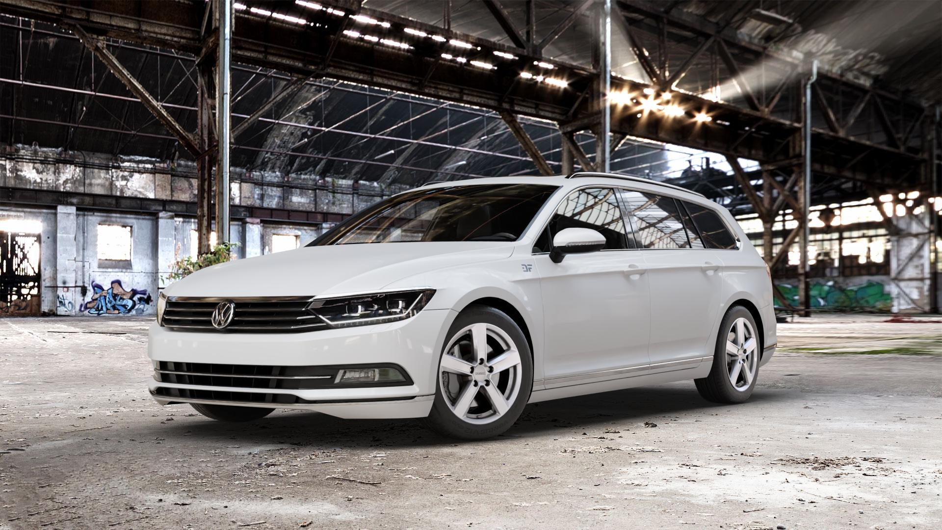 DEZENT TU SILVER Felge mit Reifen silber in 17Zoll Winterfelge Alufelge auf weissem Volkswagen (VW) Passat 3C/B8 Limousine Variant ⬇️ mit 15mm Tieferlegung ⬇️ Old Industrial Hall_max_5300mm_2024 Frontansicht_1