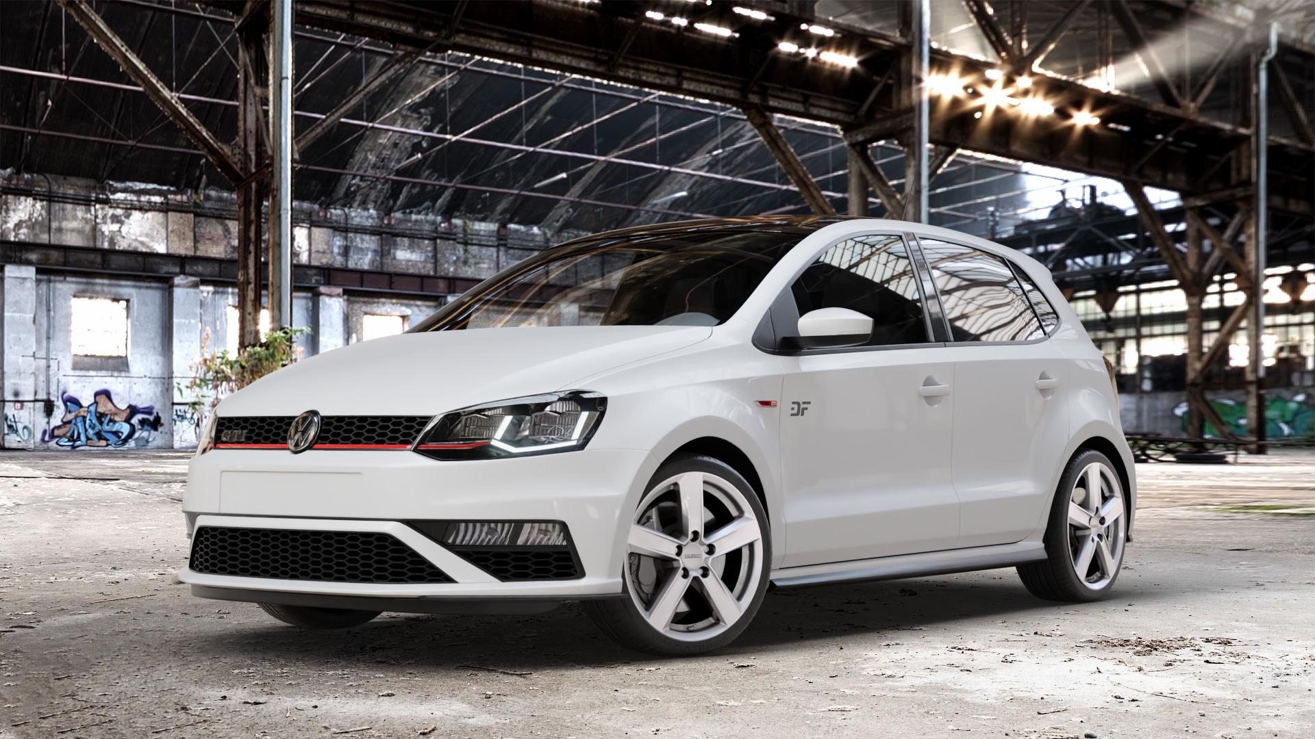 DEZENT TU SILVER Felge mit Reifen silber in 17Zoll Winterfelge Alufelge auf weissem Volkswagen (VW) Polo V Typ 6C 1,8l GTI 141kW (192 PS) ⬇️ mit 15mm Tieferlegung ⬇️ Old Industrial Hall_max_4400mm_2024 Frontansicht_1