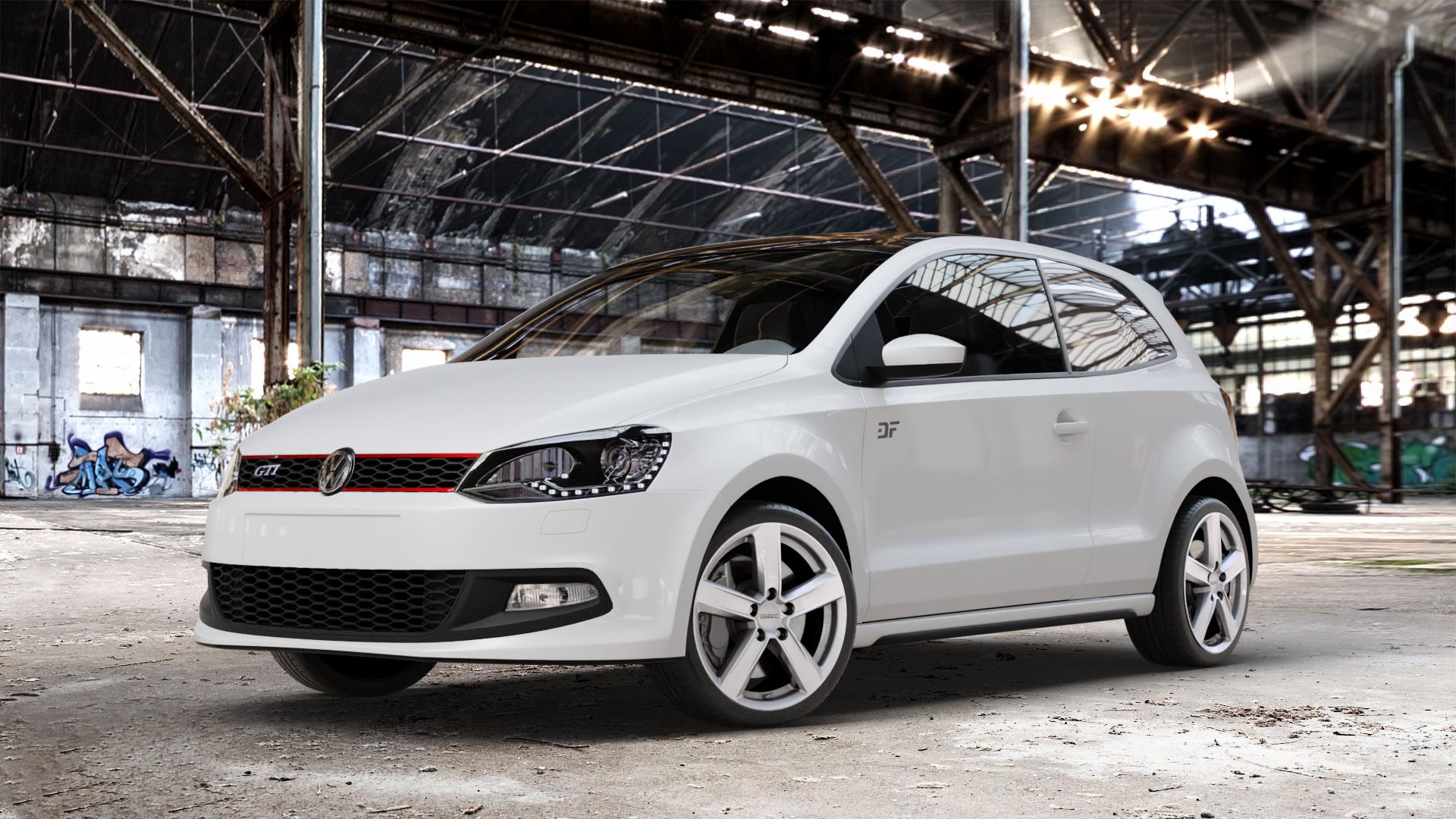 DEZENT TU SILVER Felge mit Reifen silber in 17Zoll Winterfelge Alufelge auf weissem Volkswagen (VW) Polo V Typ 6R 1,4l TSI GTI 132kW (179 PS) ⬇️ mit 15mm Tieferlegung ⬇️ Old Industrial Hall_max_4400mm_2024 Frontansicht_1