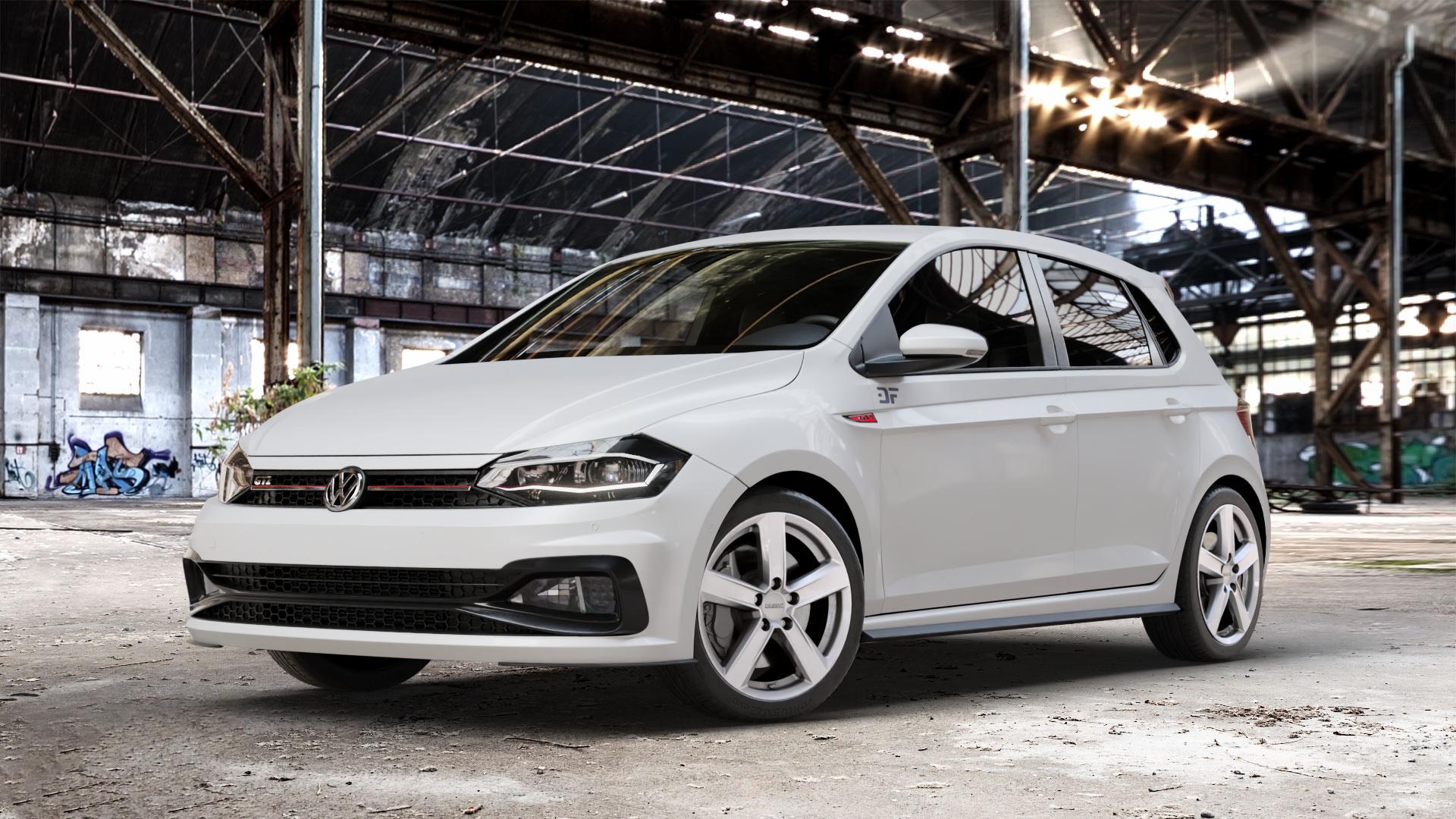 DEZENT TU SILVER Felge mit Reifen silber in 17Zoll Winterfelge Alufelge auf weissem Volkswagen (VW) Polo VI Typ AW 2,0l GTI 147kW (200 PS) ⬇️ mit 15mm Tieferlegung ⬇️ Old Industrial Hall_max_4400mm_2024 Frontansicht_1