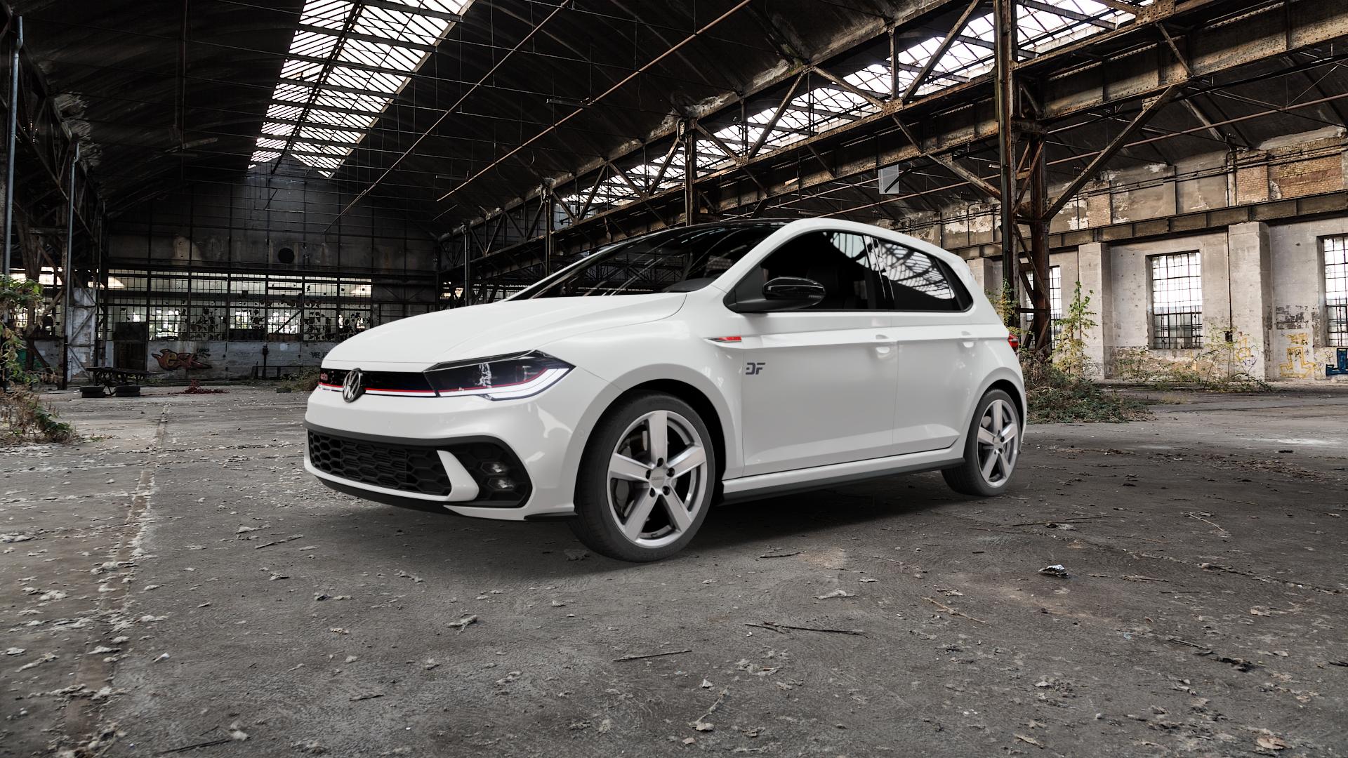 DEZENT TU SILVER Felge mit Reifen silber in 17Zoll Winterfelge Alufelge auf weissem Volkswagen (VW) Polo VI Typ AW Facelift 2,0l GTI 152kW (207 PS) ⬇️ mit 15mm Tieferlegung ⬇️ Old Industrial Hall_max5000mm_2022 Frontansicht_1