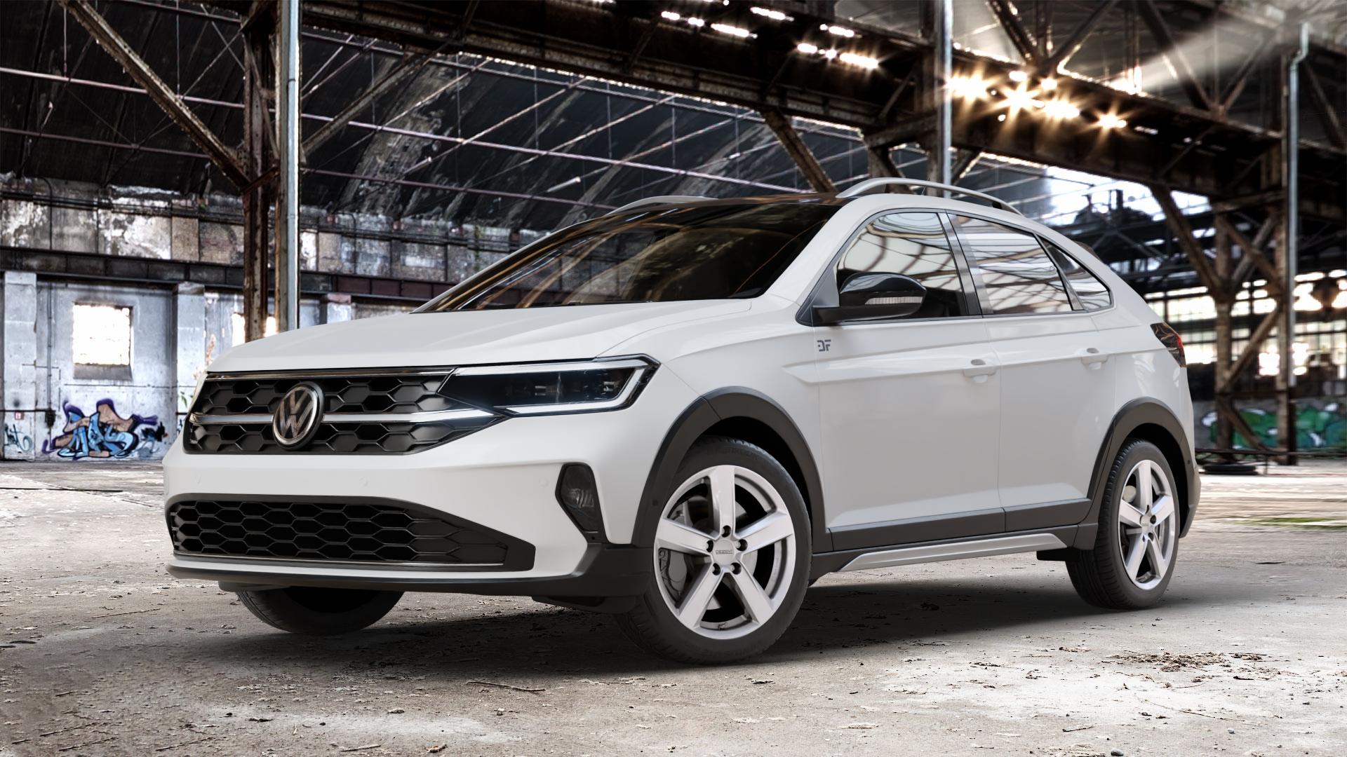 DEZENT TU SILVER Felge mit Reifen silber in 17Zoll Winterfelge Alufelge auf weissem Volkswagen (VW) Taigo ⬇️ mit 15mm Tieferlegung ⬇️ Old Industrial Hall_max_4400mm_2024 Frontansicht_1