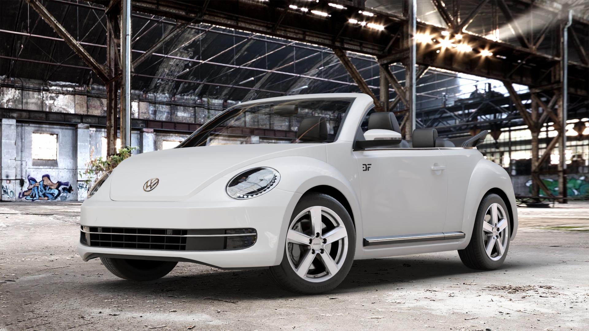 DEZENT TU SILVER Felge mit Reifen silber in 17Zoll Winterfelge Alufelge auf weissem Volkswagen (VW) The Beetle Cabrio Typ 16 ⬇️ mit 15mm Tieferlegung ⬇️ Old Industrial Hall_max_4400mm_2024 Frontansicht_1