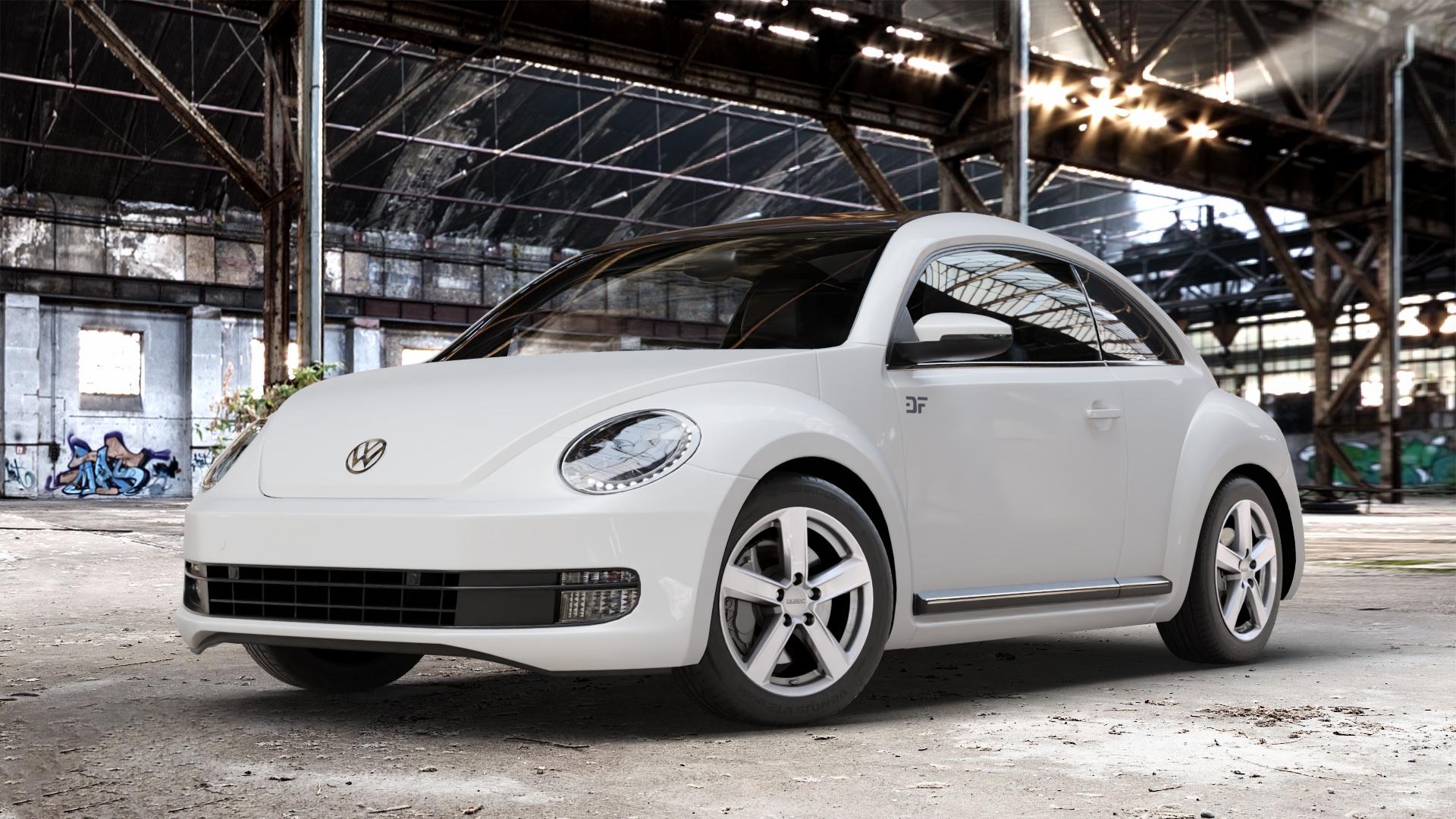 DEZENT TU SILVER Felge mit Reifen silber in 17Zoll Winterfelge Alufelge auf weissem Volkswagen (VW) The Beetle Typ 16 ⬇️ mit 15mm Tieferlegung ⬇️ Old Industrial Hall_max_4400mm_2024 Frontansicht_1
