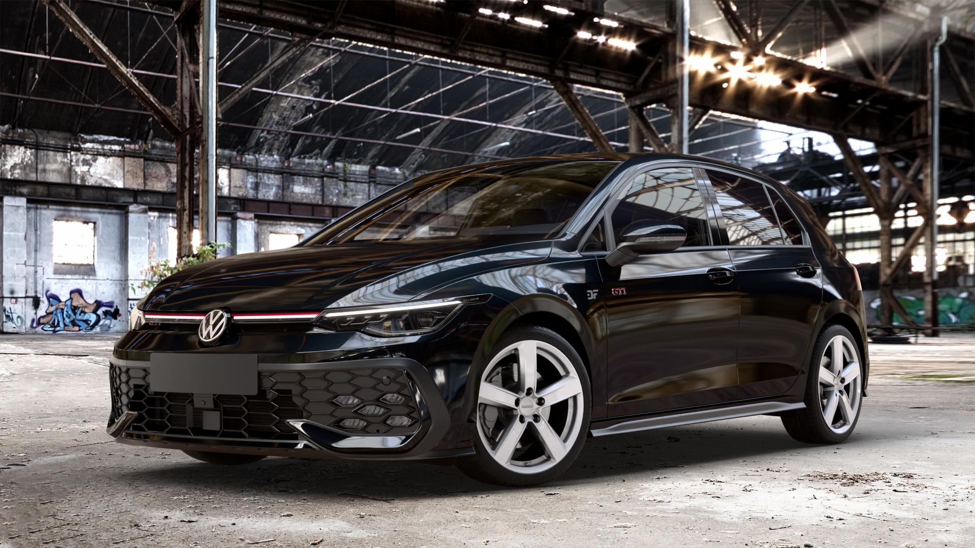 DEZENT TU SILVER Felge mit Reifen silber in 18Zoll Winterfelge Alufelge auf metallic schwarzem Volkswagen (VW) Golf 8 Facelift 2,0l GTI 195kW (265 PS) ⬇️ mit 15mm Tieferlegung ⬇️ Old Industrial Hall_max_4400mm_2024 Frontansicht_1
