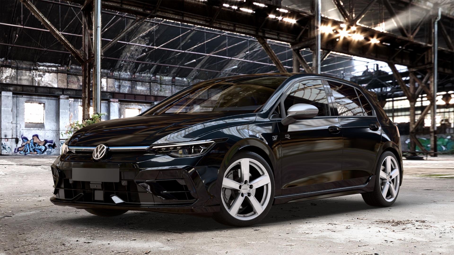 DEZENT TU SILVER Felge mit Reifen silber in 18Zoll Winterfelge Alufelge auf metallic schwarzem Volkswagen (VW) Golf 8 Facelift 2,0l R 4Motion 245kW (333 PS) ⬇️ mit 15mm Tieferlegung ⬇️ Old Industrial Hall_max_4400mm_2024 Frontansicht_1