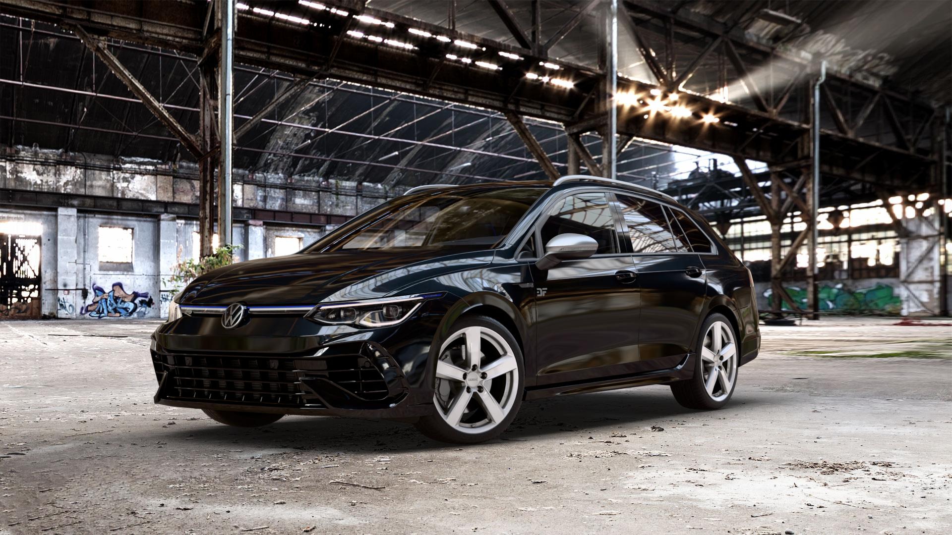 DEZENT TU SILVER Felge mit Reifen silber in 18Zoll Winterfelge Alufelge auf metallic schwarzem Volkswagen (VW) Golf 8 Variant 2,0l R 4Motion 235kW (320 PS) ⬇️ mit 15mm Tieferlegung ⬇️ Old Industrial Hall_max_5300mm_2024 Frontansicht_1