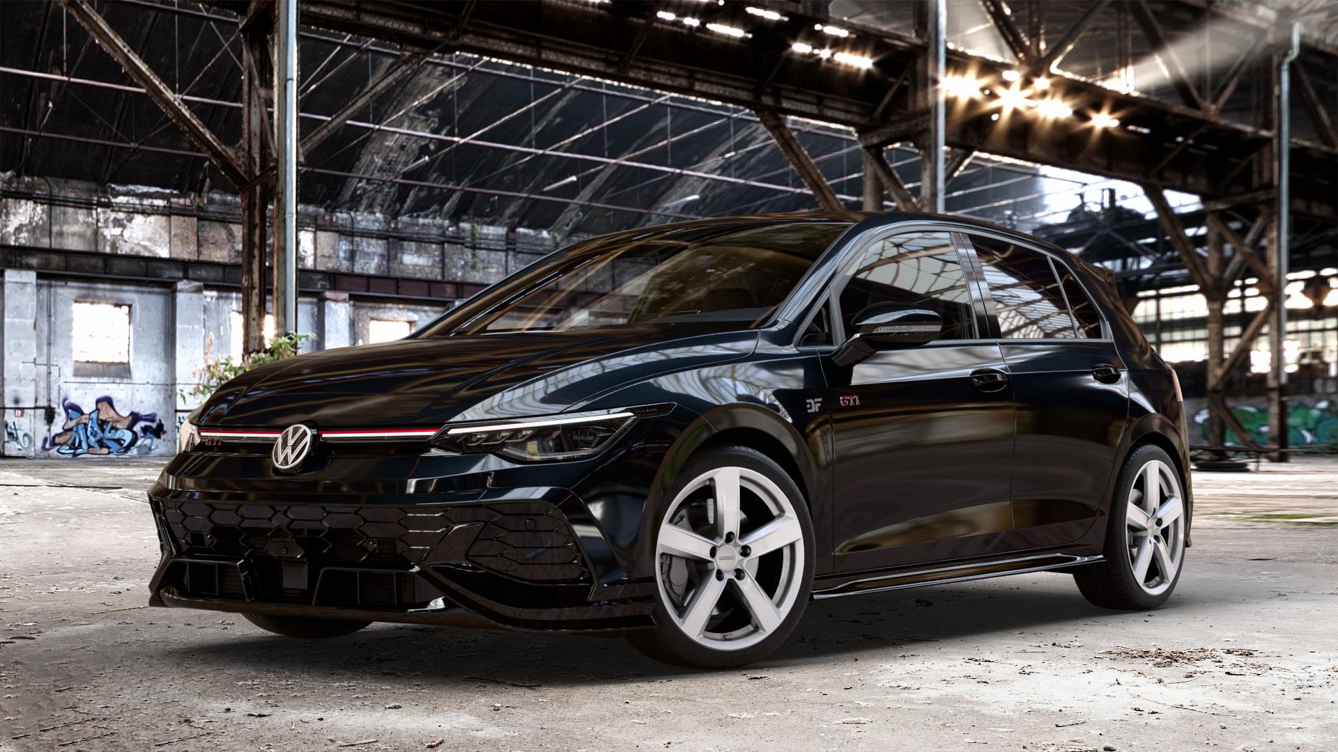 DEZENT TU SILVER Felge mit Reifen silber in 18Zoll Winterfelge Alufelge auf schwarzem Volkswagen (VW) Golf 8 Facelift 2,0l GTI Clubsport 221kW (300 PS) ⬇️ mit 15mm Tieferlegung ⬇️ Old Industrial Hall_max_4400mm_2024 Frontansicht_1