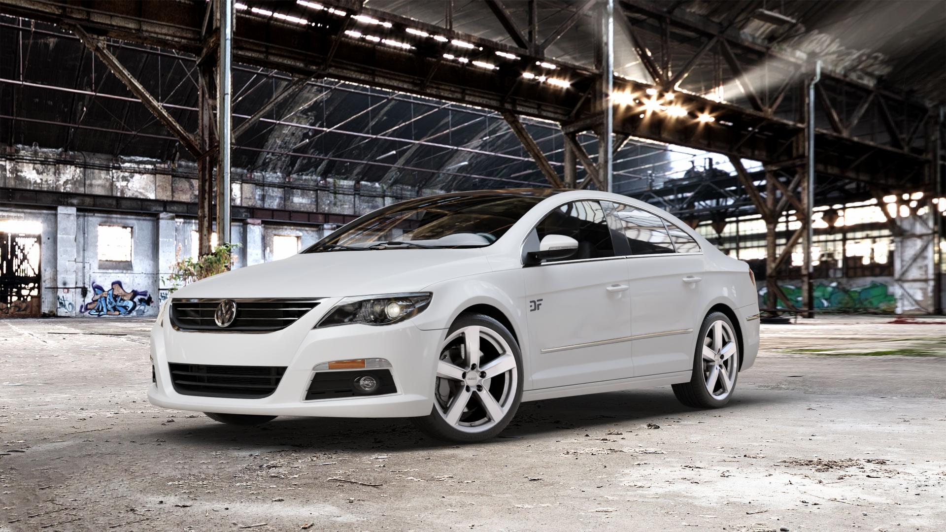 DEZENT TU SILVER Felge mit Reifen silber in 18Zoll Winterfelge Alufelge auf weissem Volkswagen (VW) CC I ⬇️ mit 15mm Tieferlegung ⬇️ Old Industrial Hall_max_5300mm_2024 Frontansicht_1