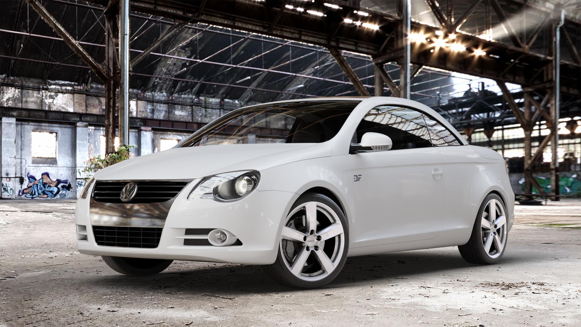 DEZENT TU SILVER Felge mit Reifen silber in 18Zoll Winterfelge Alufelge auf weissem Volkswagen (VW) Eos ⬇️ mit 15mm Tieferlegung ⬇️ Old Industrial Hall_max_4400mm_2024 Frontansicht_1