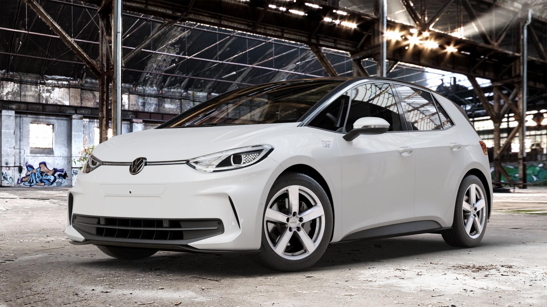 DEZENT TU SILVER Felge mit Reifen silber in 18Zoll Winterfelge Alufelge auf weissem Volkswagen (VW) ID.3 Facelift ⬇️ mit 15mm Tieferlegung ⬇️ Old Industrial Hall_max_4400mm_2024 Frontansicht_1