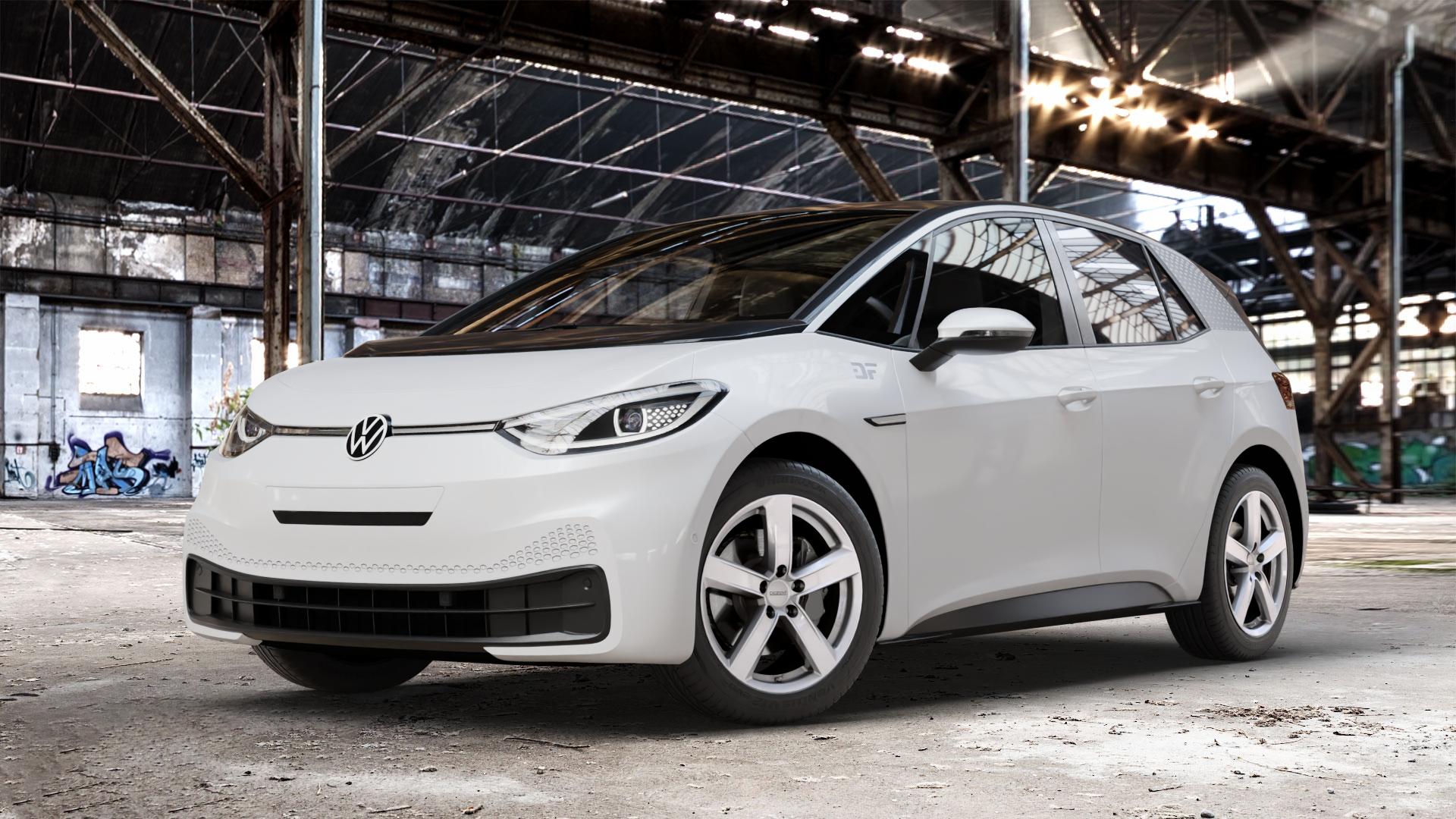 DEZENT TU SILVER Felge mit Reifen silber in 18Zoll Winterfelge Alufelge auf weissem Volkswagen (VW) ID.3 ⬇️ mit 15mm Tieferlegung ⬇️ Old Industrial Hall_max_4400mm_2024 Frontansicht_1