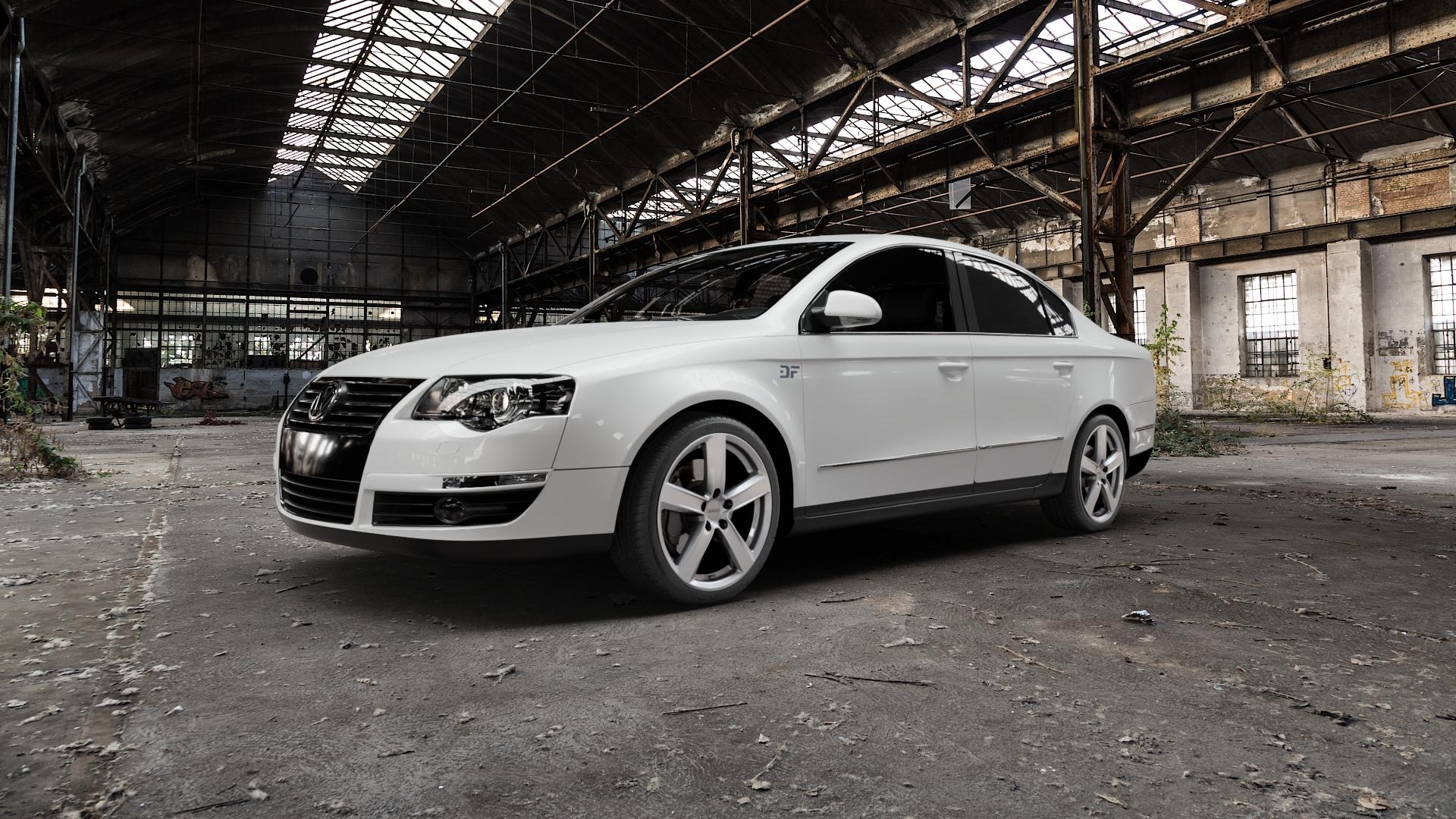 DEZENT TU SILVER Felge mit Reifen silber in 18Zoll Winterfelge Alufelge auf weissem Volkswagen (VW) Passat 3C/B6 Limousine ⬇️ mit 15mm Tieferlegung ⬇️ Old Industrial Hall_max5000mm_2022 Frontansicht_1
