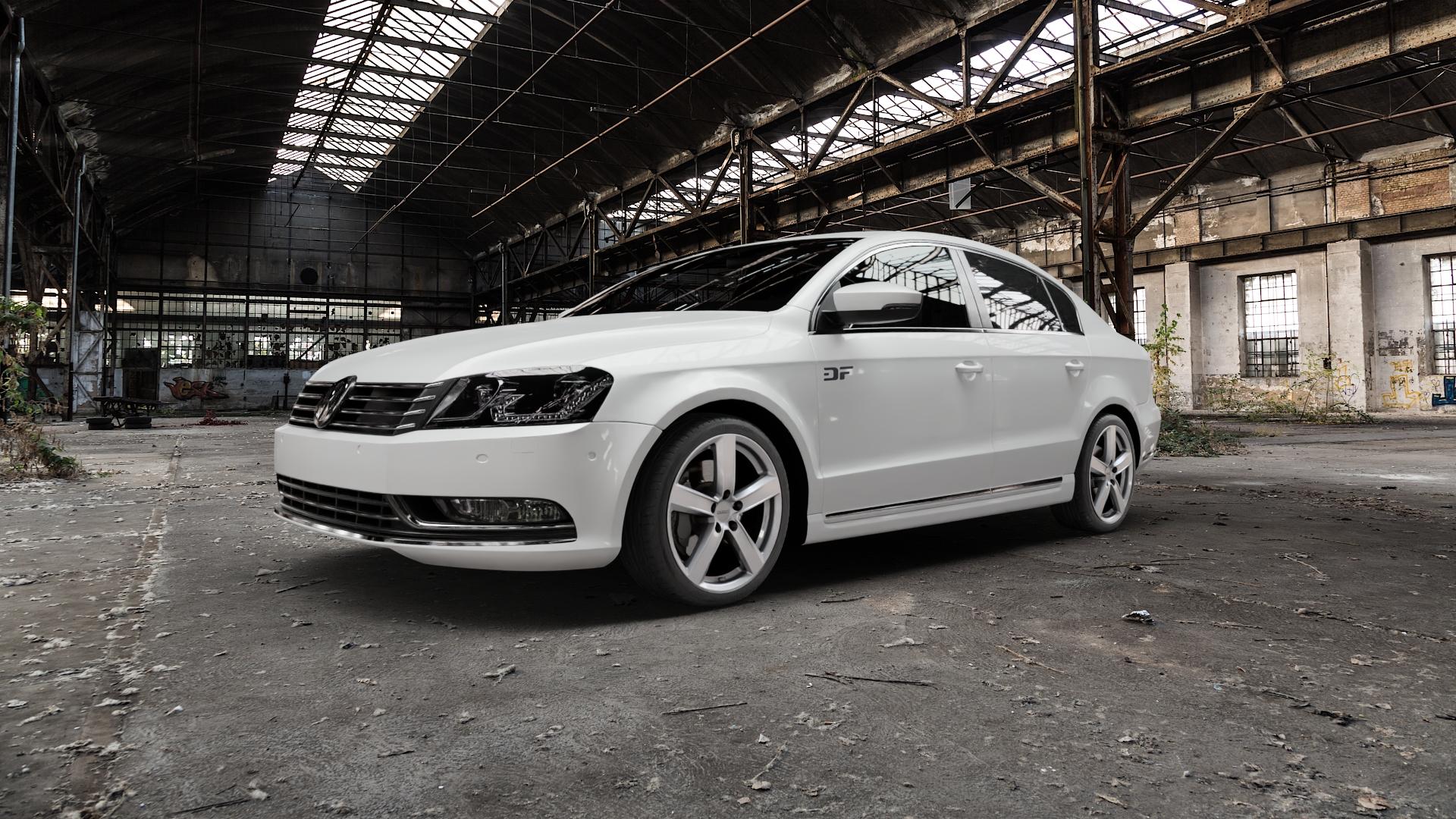 DEZENT TU SILVER Felge mit Reifen silber in 18Zoll Winterfelge Alufelge auf weissem Volkswagen (VW) Passat 3C/B7 Limousine ⬇️ mit 15mm Tieferlegung ⬇️ Old Industrial Hall_max5000mm_2022 Frontansicht_1