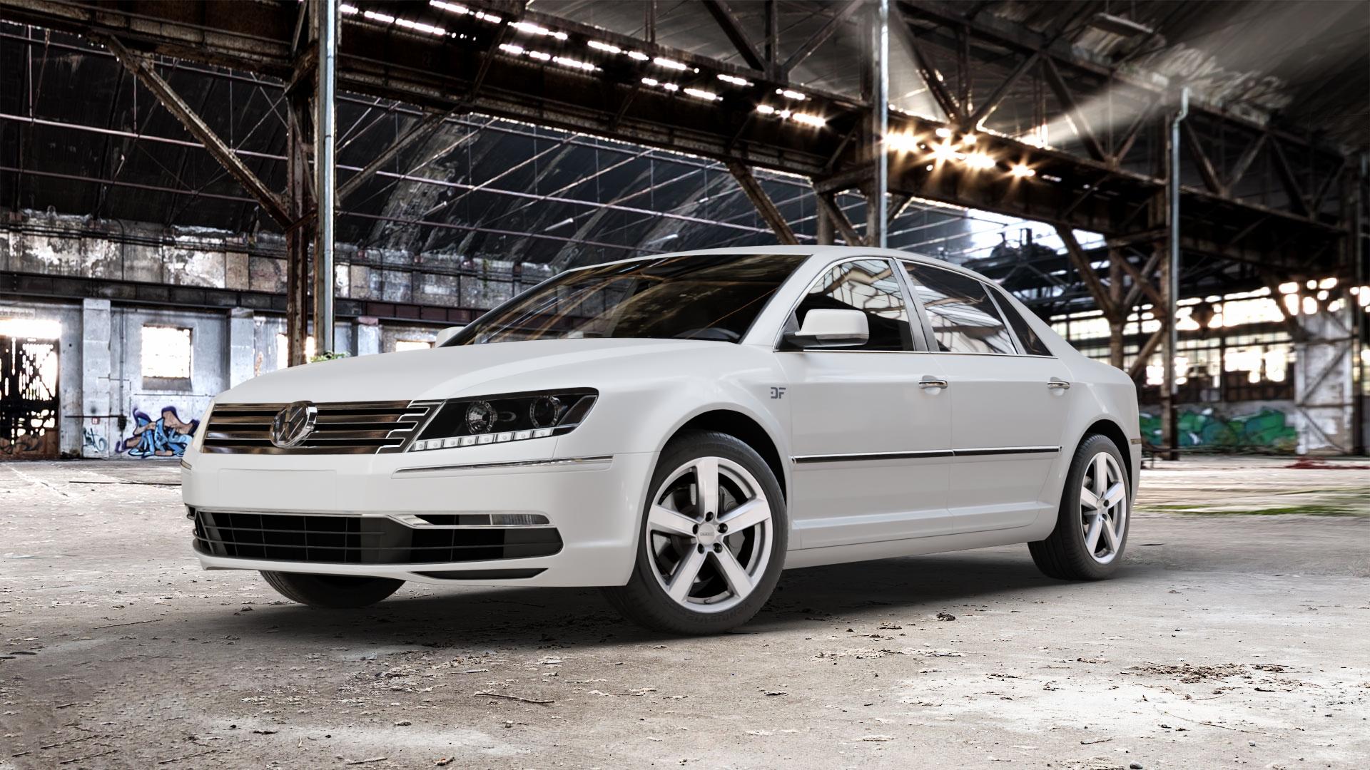 DEZENT TU SILVER Felge mit Reifen silber in 18Zoll Winterfelge Alufelge auf weissem Volkswagen (VW) Phaeton Typ 3D (Facelift 10->) ⬇️ mit 15mm Tieferlegung ⬇️ Old Industrial Hall_max_5300mm_2024 Frontansicht_1
