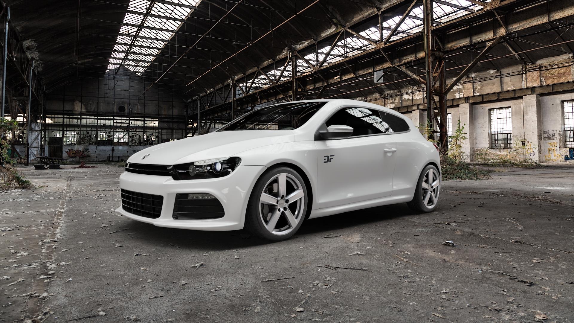 DEZENT TU SILVER Felge mit Reifen silber in 18Zoll Winterfelge Alufelge auf weissem Volkswagen (VW) Scirocco III Typ 13 2,0l TSI R 195kW (265 PS) 188kW (256 ⬇️ mit 15mm Tieferlegung ⬇️ Old Industrial Hall_max5000mm_2022 Frontansicht_1