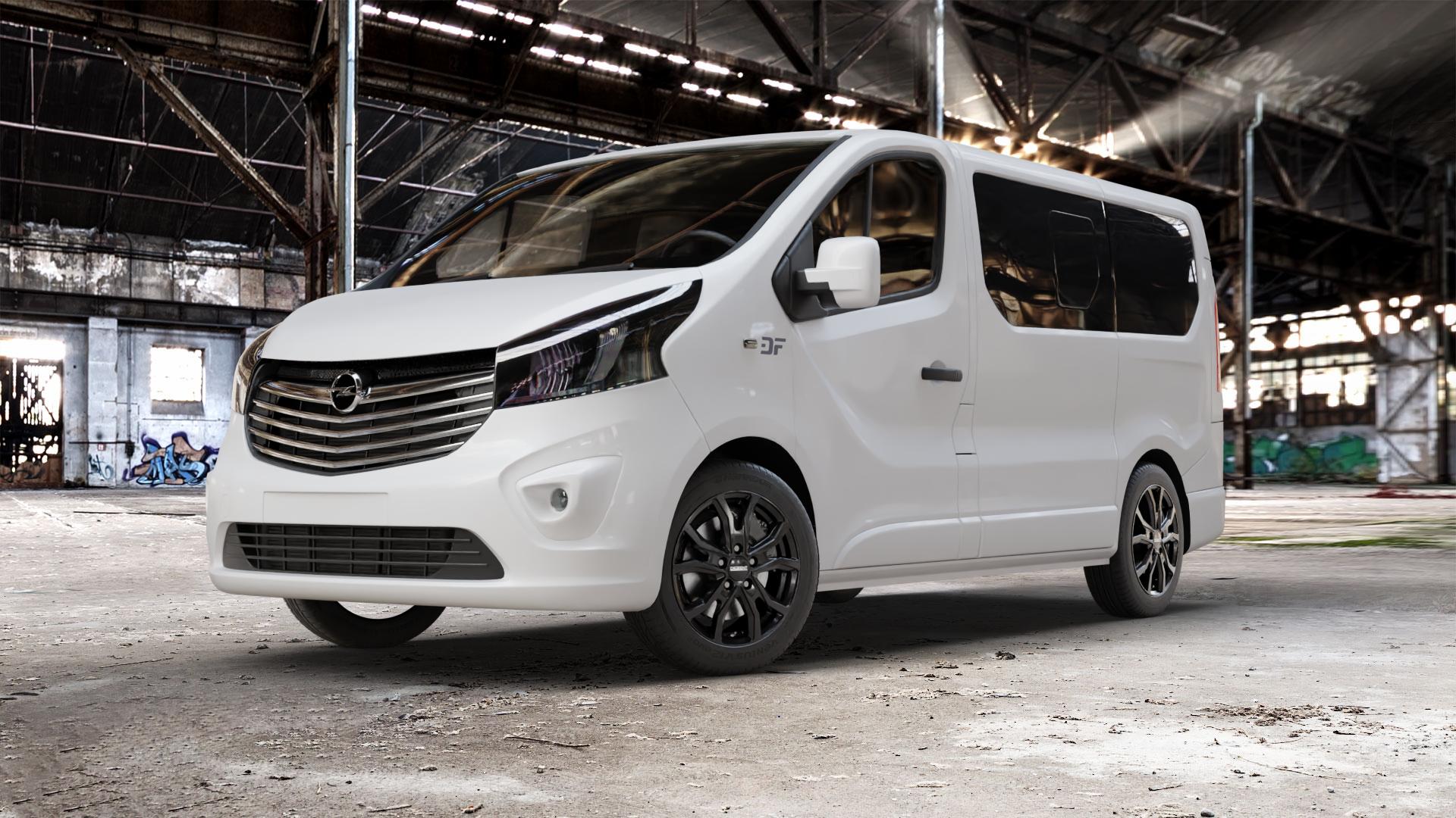 DEZENT TV BLACK Felge mit Reifen schwarz in 17Zoll Winterfelge Alufelge auf weissem Opel Vivaro B Kombi Typ X83 ⬇️ mit 15mm Tieferlegung ⬇️ Old Industrial Hall_max_5300mm_2024 Frontansicht_1
