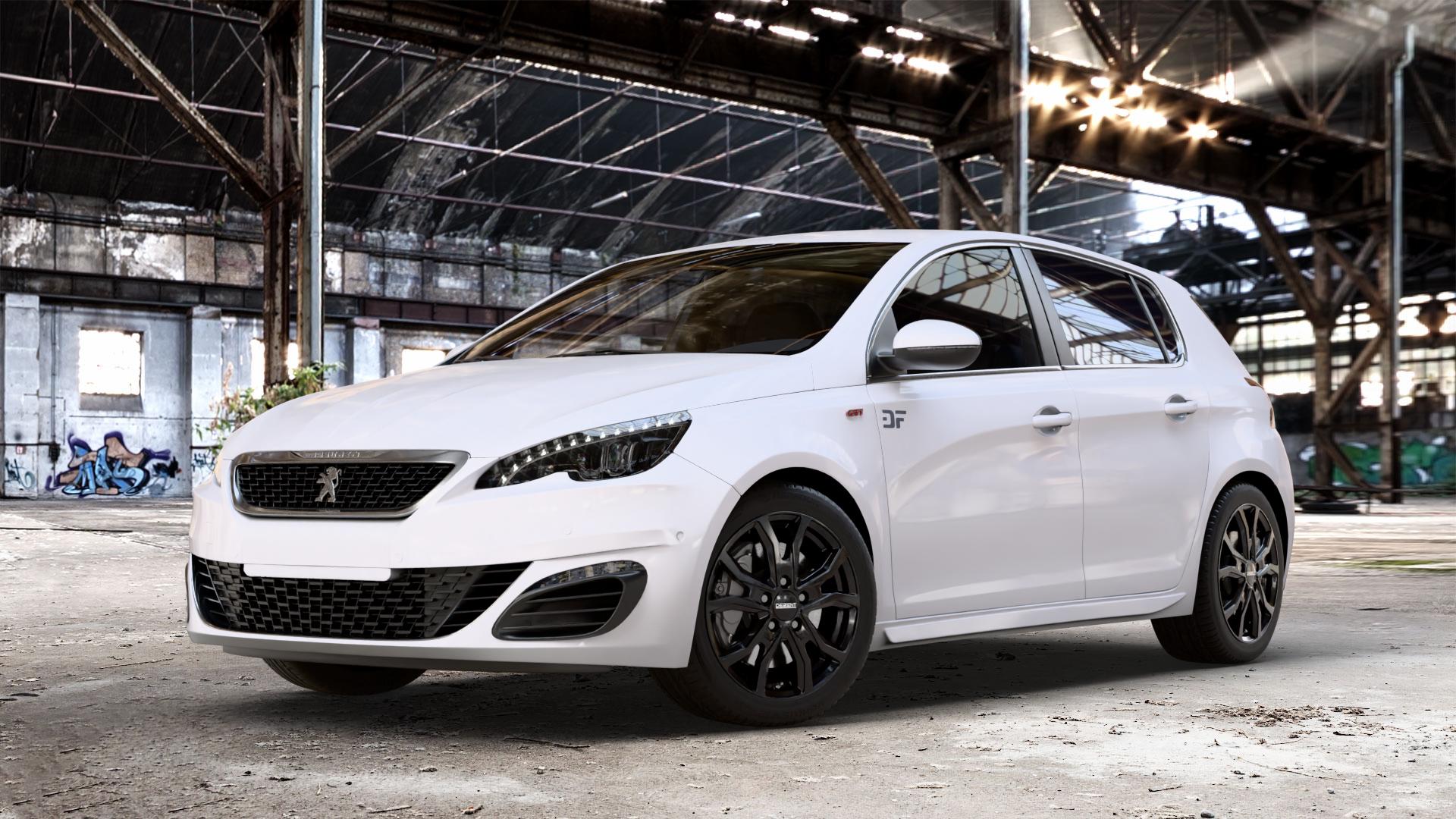DEZENT TV BLACK Felge mit Reifen schwarz in 17Zoll Winterfelge Alufelge auf weissem Peugeot 308 II Typ L Facelift ⬇️ mit 15mm Tieferlegung ⬇️ Old Industrial Hall_max_4400mm_2024 Frontansicht_1