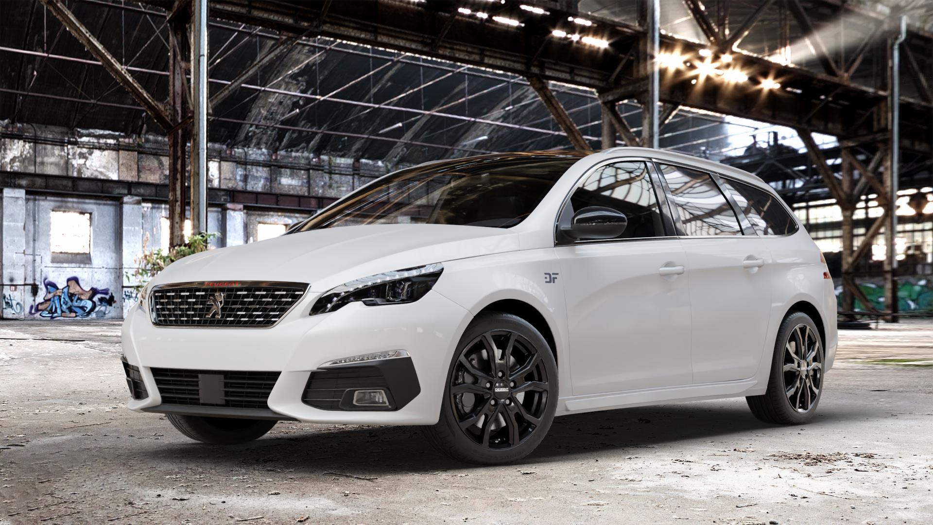 DEZENT TV BLACK Felge mit Reifen schwarz in 17Zoll Winterfelge Alufelge auf weissem Peugeot 308 SW II Typ L Facelift ⬇️ mit 15mm Tieferlegung ⬇️ Old Industrial Hall_max_4400mm_2024 Frontansicht_1