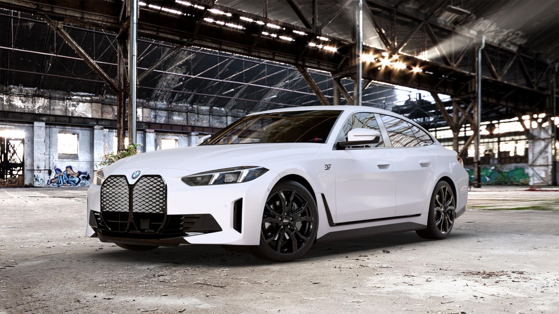DEZENT TV BLACK Felge mit Reifen schwarz in 19Zoll Winterfelge Alufelge auf unilack weißem BMW i4 Facelift (G4C) ⬇️ mit 15mm Tieferlegung ⬇️ Old Industrial Hall_max_5300mm_2024 Frontansicht_1