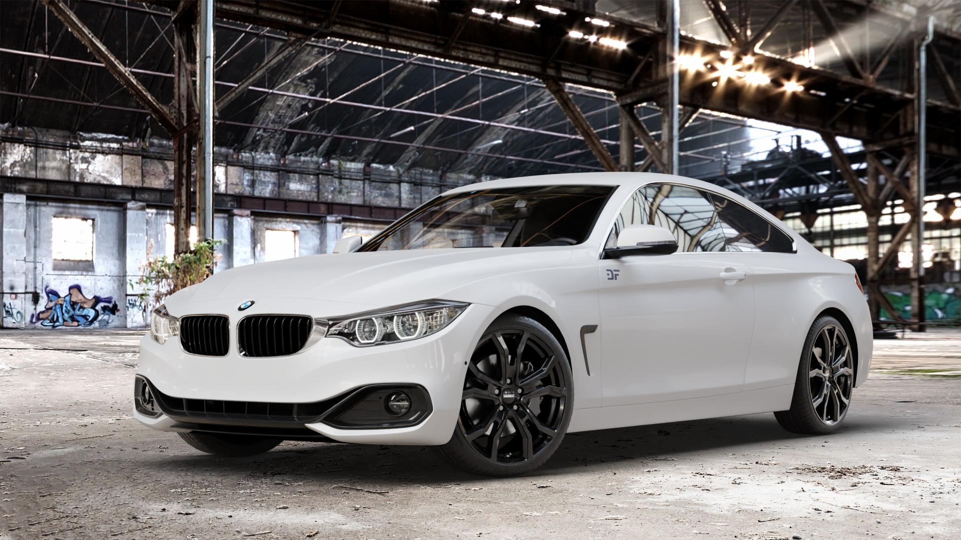DEZENT TV BLACK Felge mit Reifen schwarz in 19Zoll Winterfelge Alufelge auf weissem BMW 420d Typ F32 (Coupé) 428i xDrive 435i 430d 420i 435d 425d F36 (Gran Coupe) 418d 418i 430i 440i 4er Coupé (3C) ⬇️ mit 15mm Tieferlegung ⬇️ Old Industrial Hall_max_4400mm_2024 Frontansicht_1
