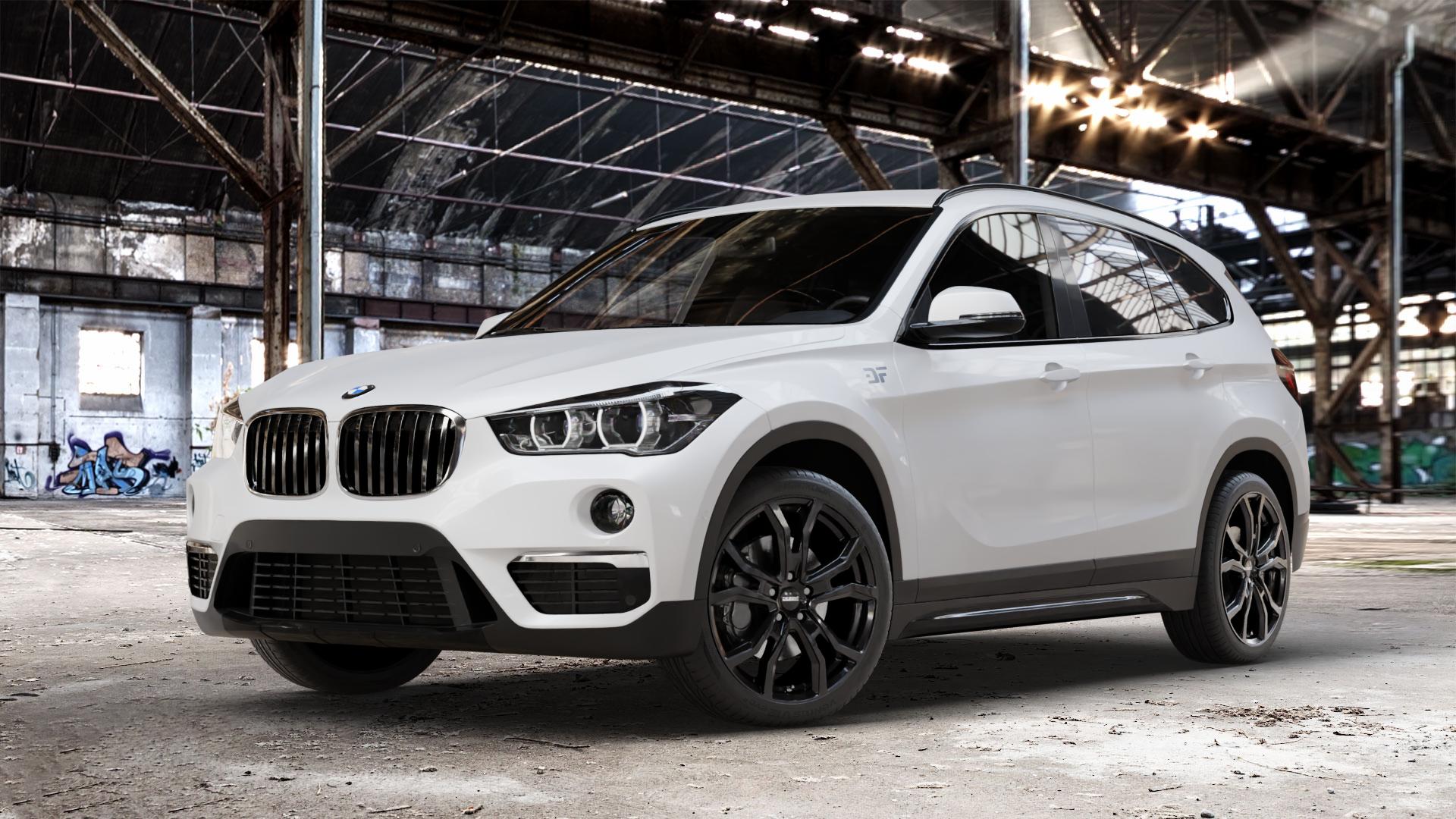 DEZENT TV BLACK Felge mit Reifen schwarz in 19Zoll Winterfelge Alufelge auf weissem BMW X1 Typ F48 (UKL-L) (F1X) ⬇️ mit 15mm Tieferlegung ⬇️ Old Industrial Hall_max_4400mm_2024 Frontansicht_1