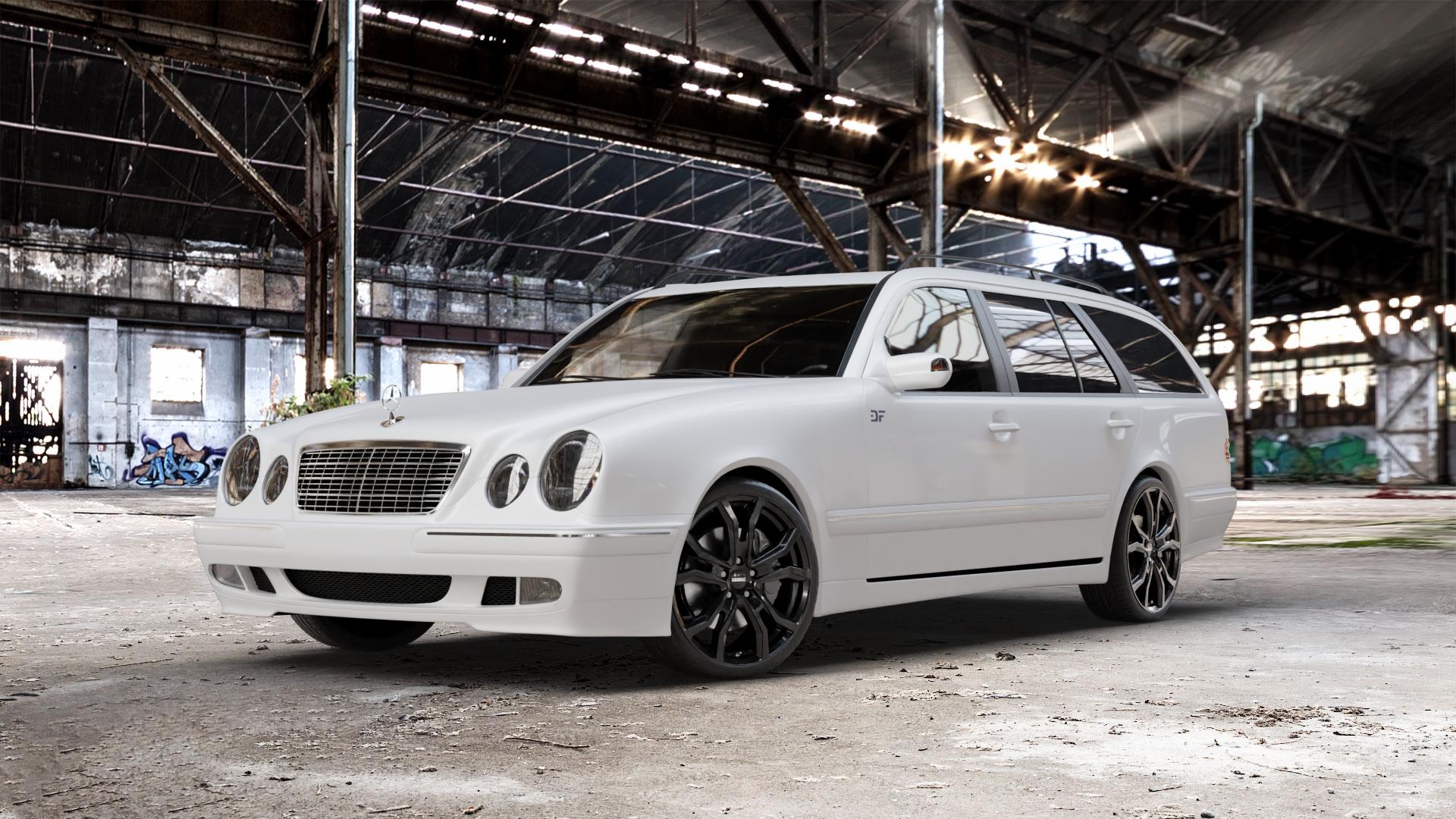 DEZENT TV BLACK Felge mit Reifen schwarz in 19Zoll Winterfelge Alufelge auf weissem Mercedes E-Klasse Typ S210 Kombi ⬇️ mit 15mm Tieferlegung ⬇️ Old Industrial Hall_max_5300mm_2024 Frontansicht_1
