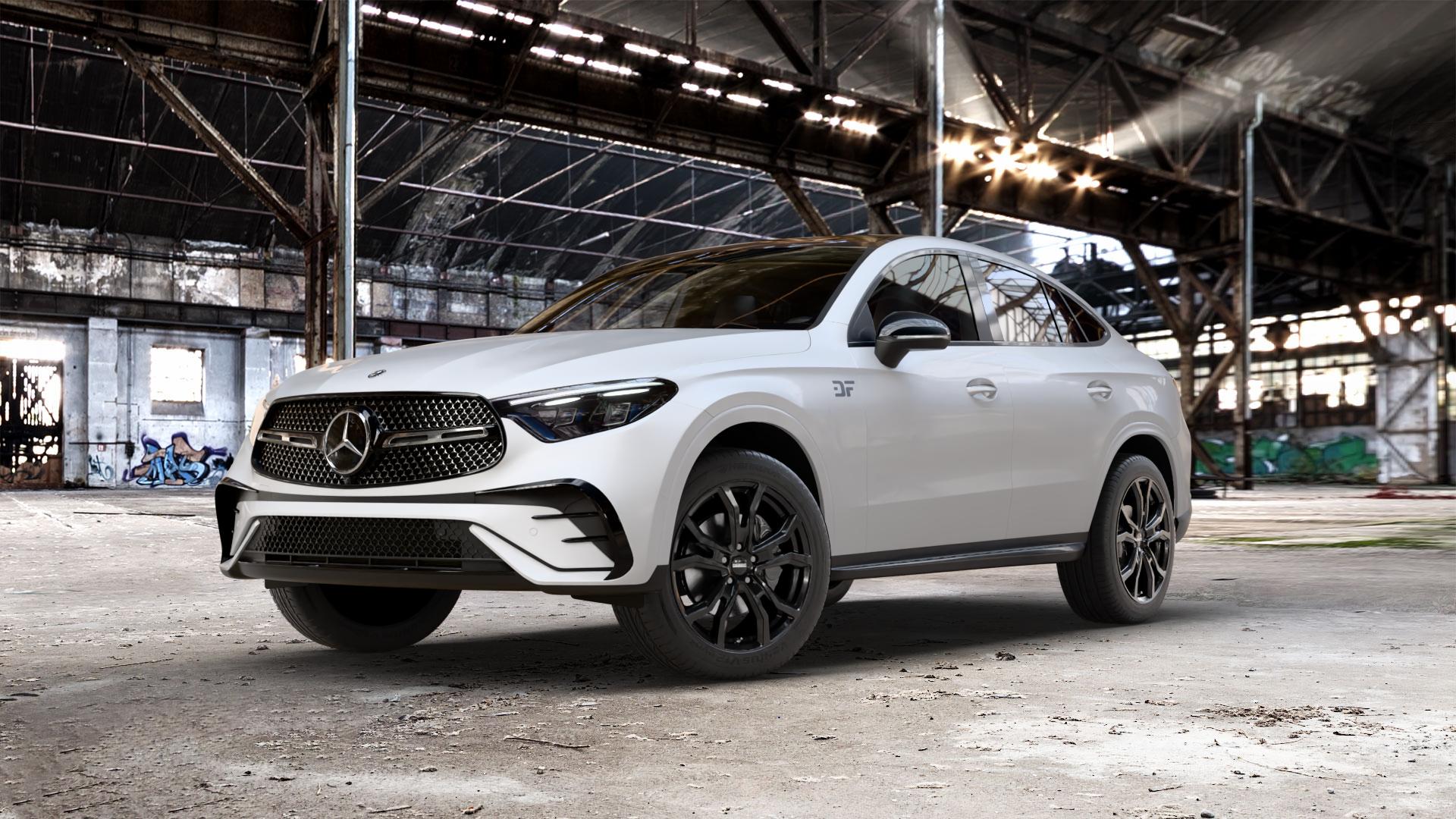 DEZENT TV BLACK Felge mit Reifen schwarz in 19Zoll Winterfelge Alufelge auf weissem Mercedes GLC-Klasse Coupe Typ C254 ⬇️ mit 15mm Tieferlegung ⬇️ Old Industrial Hall_max_5300mm_2024 Frontansicht_1