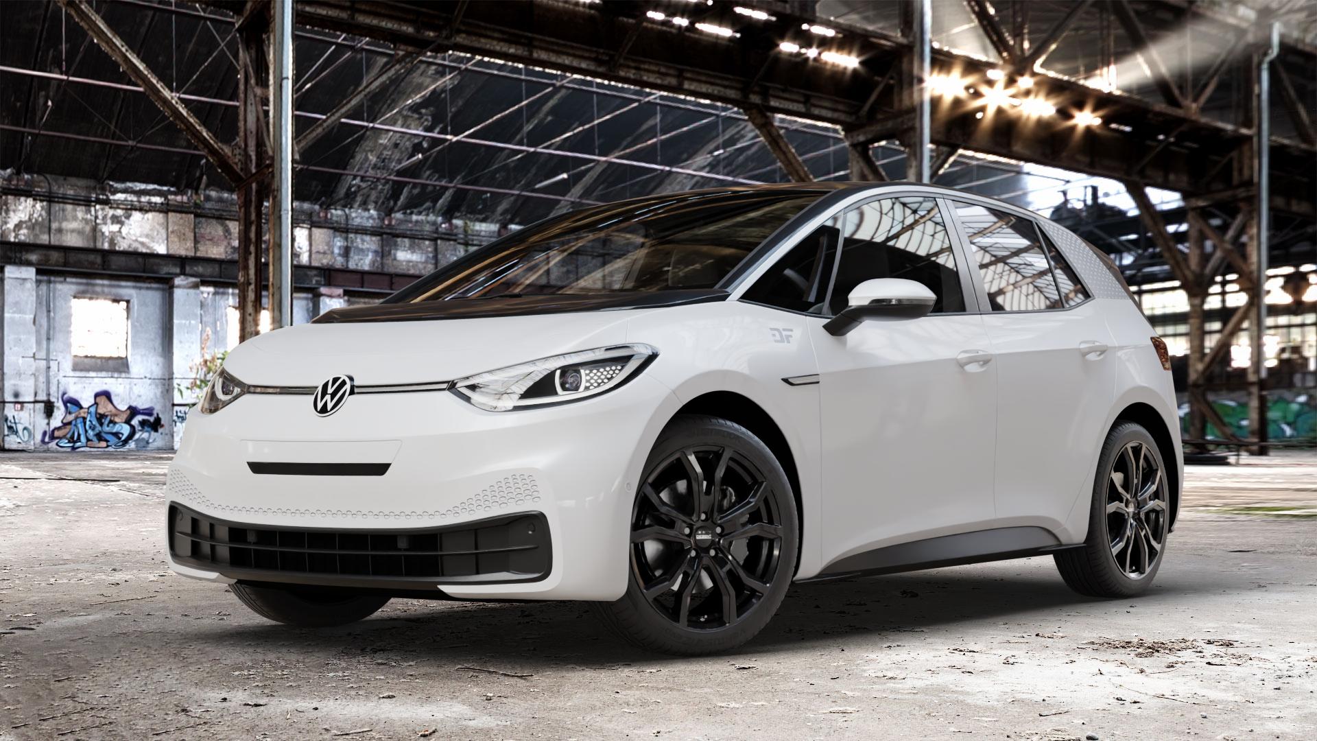 DEZENT TV BLACK Felge mit Reifen schwarz in 19Zoll Winterfelge Alufelge auf weissem Volkswagen (VW) ID.3 ⬇️ mit 15mm Tieferlegung ⬇️ Old Industrial Hall_max_4400mm_2024 Frontansicht_1