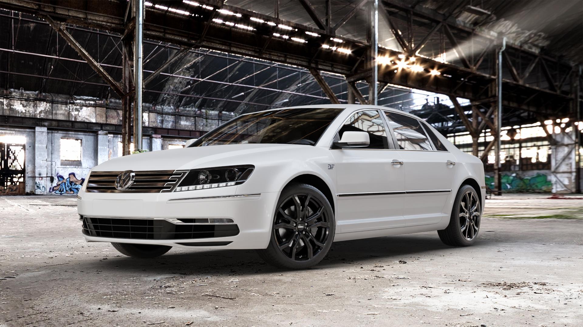 DEZENT TV BLACK Felge mit Reifen schwarz in 19Zoll Winterfelge Alufelge auf weissem Volkswagen (VW) Phaeton Typ 3D (Facelift 10->) ⬇️ mit 15mm Tieferlegung ⬇️ Old Industrial Hall_max_5300mm_2024 Frontansicht_1
