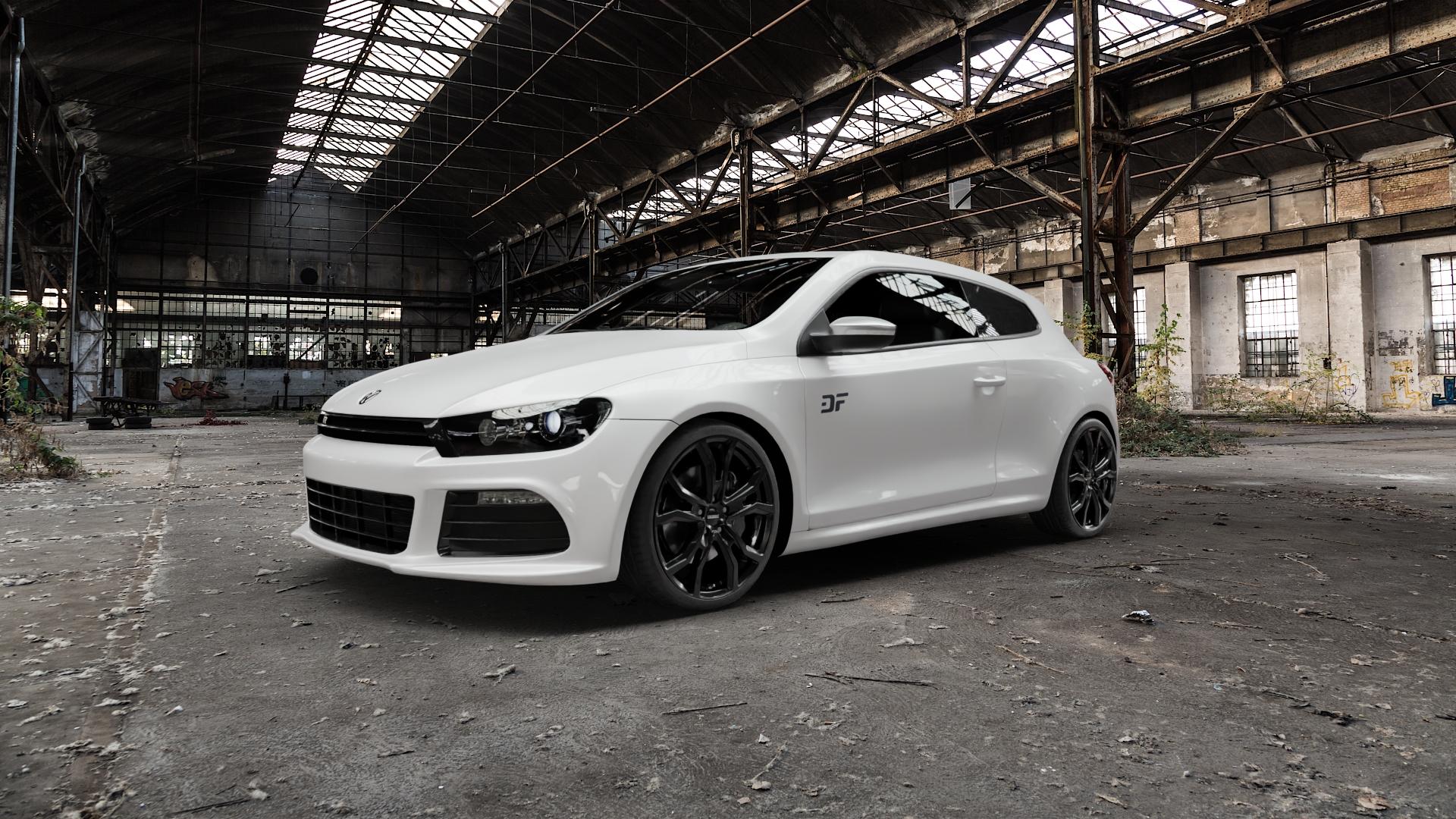 DEZENT TV BLACK Felge mit Reifen schwarz in 19Zoll Winterfelge Alufelge auf weissem Volkswagen (VW) Scirocco III Typ 13 2,0l TSI R 195kW (265 PS) 188kW (256 ⬇️ mit 15mm Tieferlegung ⬇️ Old Industrial Hall_max5000mm_2022 Frontansicht_1