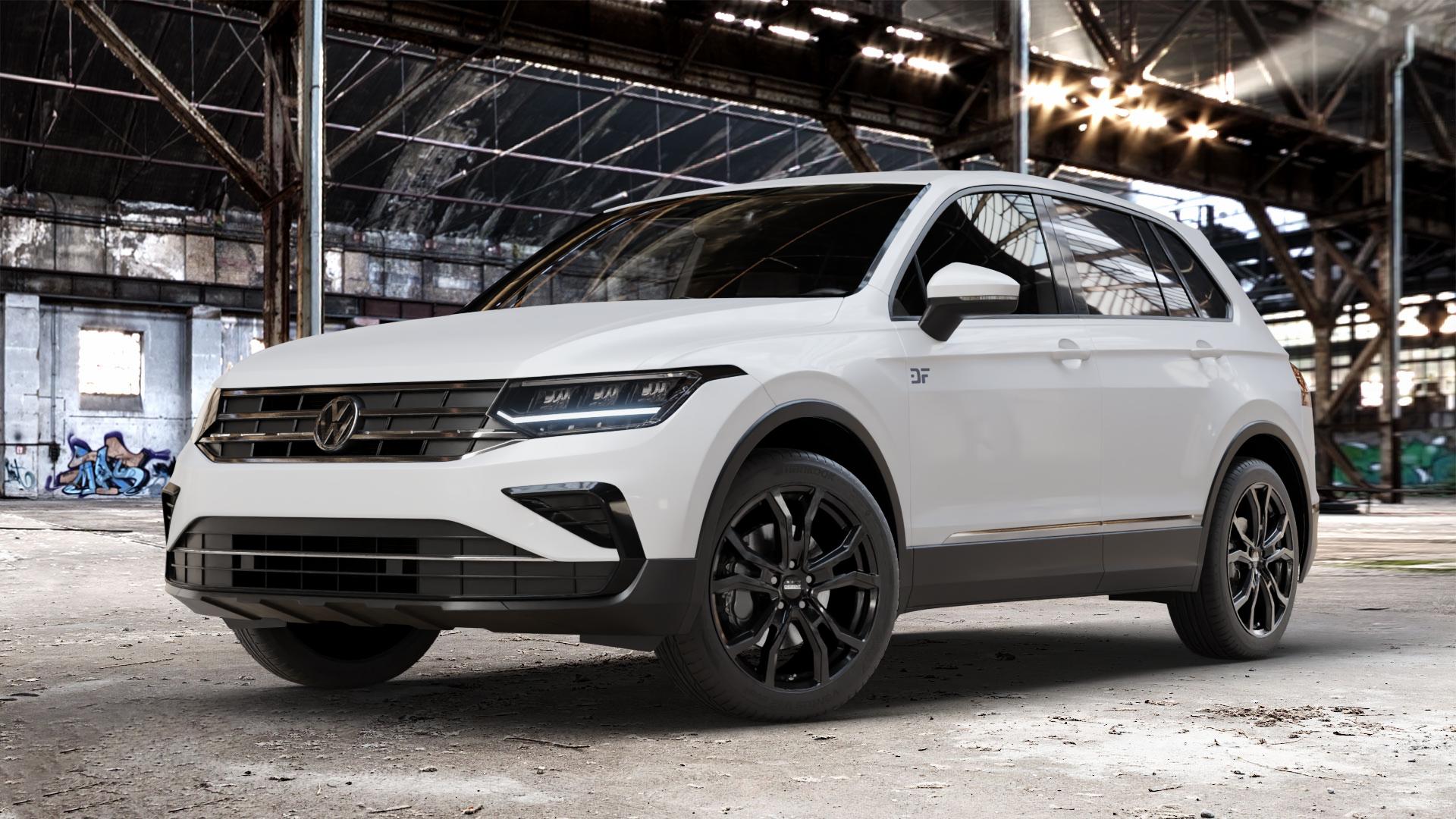 DEZENT TV BLACK Felge mit Reifen schwarz in 19Zoll Winterfelge Alufelge auf weissem Volkswagen (VW) Tiguan II Typ 5N Facelift ⬇️ mit 15mm Tieferlegung ⬇️ Old Industrial Hall_max_4400mm_2024 Frontansicht_1