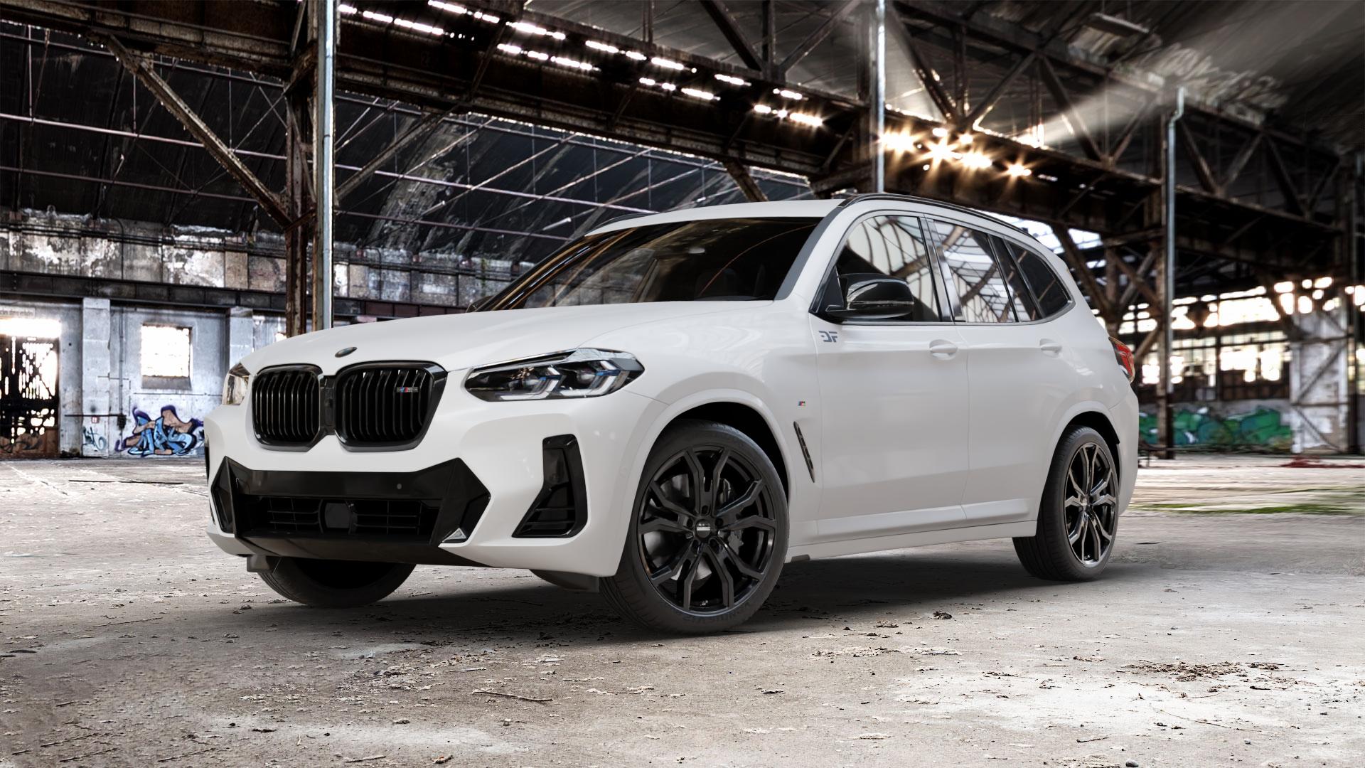 DEZENT TV BLACK Felge mit Reifen schwarz in 20Zoll Winterfelge Alufelge auf weissem BMW X3 Typ G01 (G3X) Facelift ⬇️ mit 15mm Tieferlegung ⬇️ Old Industrial Hall_max_5300mm_2024 Frontansicht_1