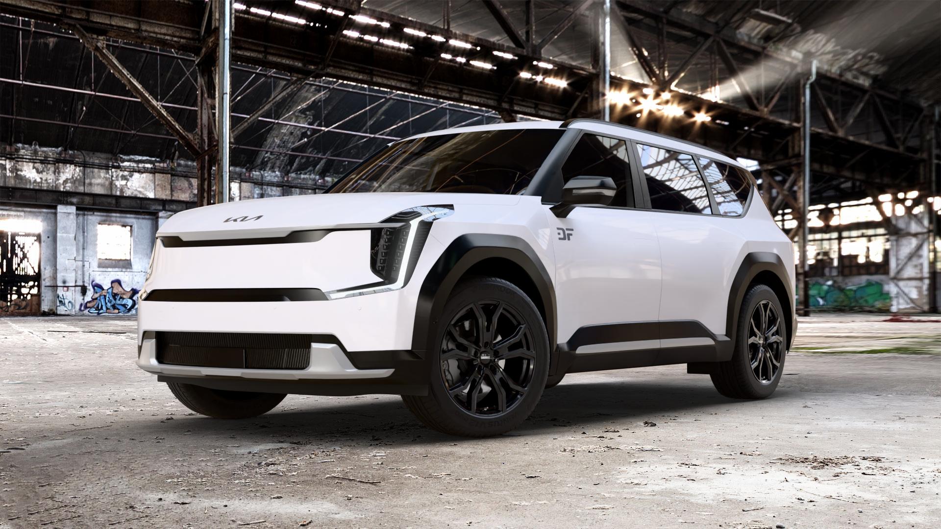 DEZENT TV BLACK Felge mit Reifen schwarz in 20Zoll Winterfelge Alufelge auf weissem Kia EV9 Typ MV1 0,0l 100kW AWD (136 PS) 53kW (72 113kW GT Line (154 ⬇️ mit 15mm Tieferlegung ⬇️ Old Industrial Hall_max_5300mm_2024 Frontansicht_1