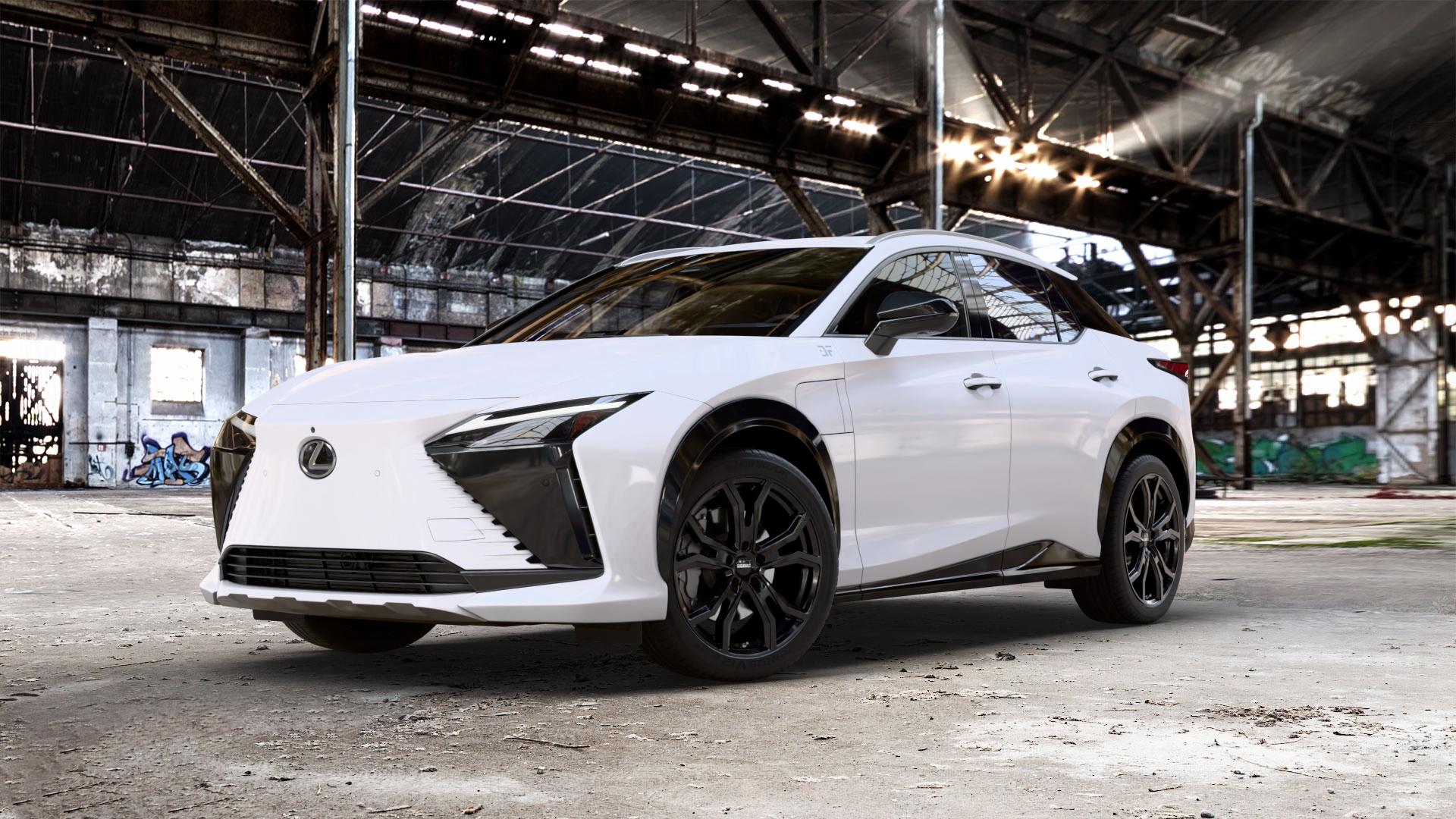 DEZENT TV BLACK Felge mit Reifen schwarz in 20Zoll Winterfelge Alufelge auf weissem Lexus RZ Typ EBM1(M) ⬇️ mit 15mm Tieferlegung ⬇️ Old Industrial Hall_max_5300mm_2024 Frontansicht_1
