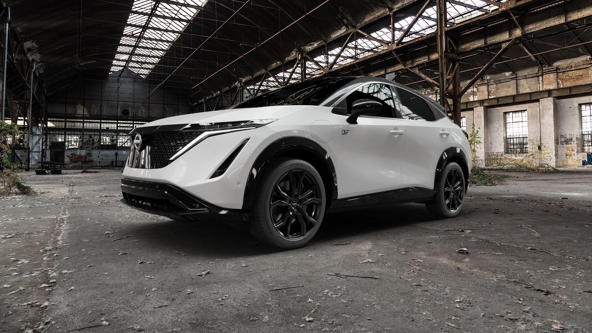 DEZENT TV BLACK Felge mit Reifen schwarz in 20Zoll Winterfelge Alufelge auf weissem Nissan Ariya Typ FE0E ⬇️ mit 15mm Tieferlegung ⬇️ Old Industrial Hall_max5000mm_2022 Frontansicht_1