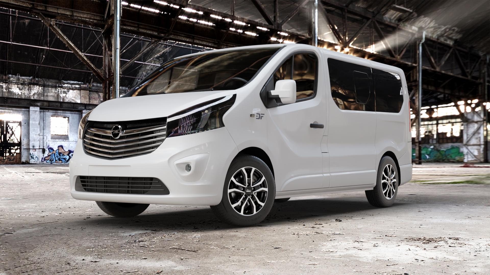 DEZENT TV BLACK/POLISHED Felge mit Reifen silber schwarz mehrfarbig in 16Zoll Winterfelge Alufelge auf weissem Opel Vivaro B Kombi Typ X83 ⬇️ mit 15mm Tieferlegung ⬇️ Old Industrial Hall_max_5300mm_2024 Frontansicht_1