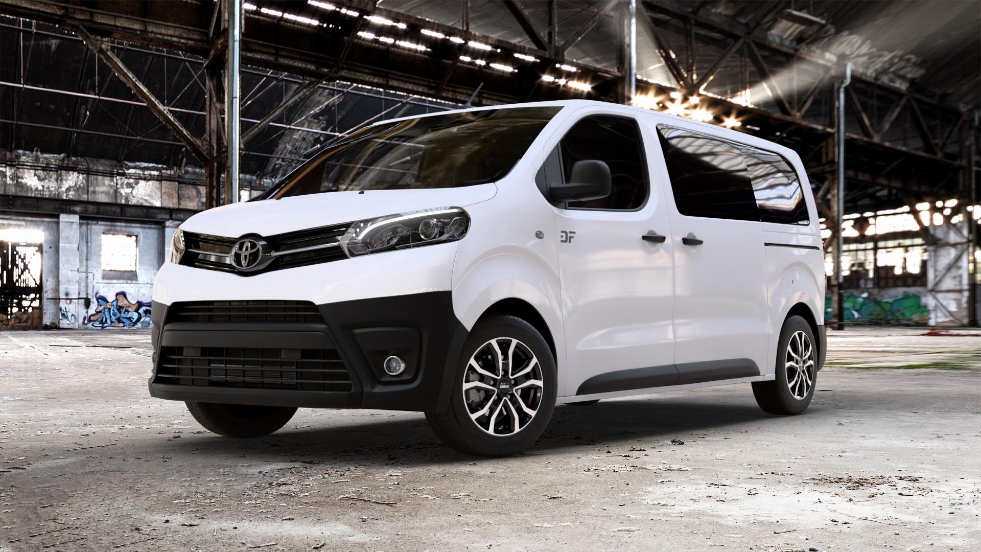 DEZENT TV BLACK/POLISHED Felge mit Reifen silber schwarz mehrfarbig in 16Zoll Winterfelge Alufelge auf weissem Toyota Proace II Verso Typ V ⬇️ mit 15mm Tieferlegung ⬇️ Old Industrial Hall_max_5300mm_2024 Frontansicht_1