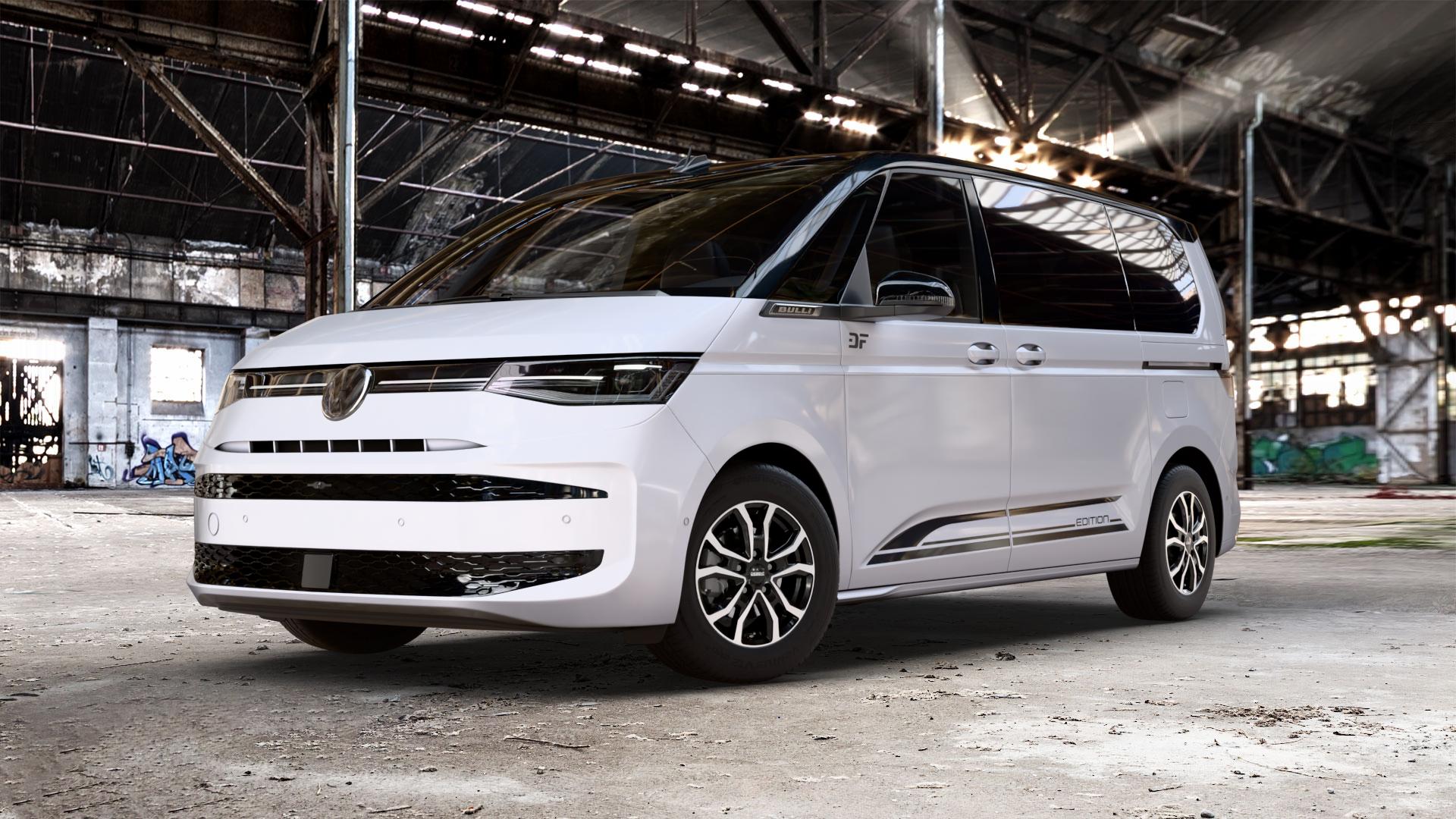 DEZENT TV BLACK/POLISHED Felge mit Reifen silber schwarz mehrfarbig in 16Zoll Winterfelge Alufelge auf weissem und schwarzem Volkswagen (VW) T7 Multivan Bus ⬇️ mit 15mm Tieferlegung ⬇️ Old Industrial Hall_max_5300mm_2024 Frontansicht_1