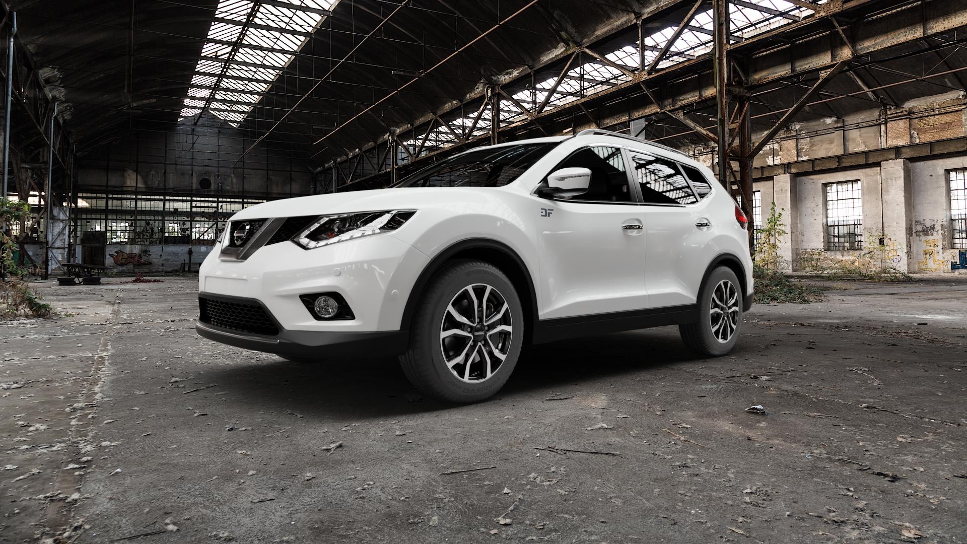 DEZENT TV BLACK/POLISHED Felge mit Reifen silber schwarz mehrfarbig in 17Zoll Winterfelge Alufelge auf weissem Nissan X-Trail Typ T32 ⬇️ mit 15mm Tieferlegung ⬇️ Old Industrial Hall_max5000mm_2022 Frontansicht_1