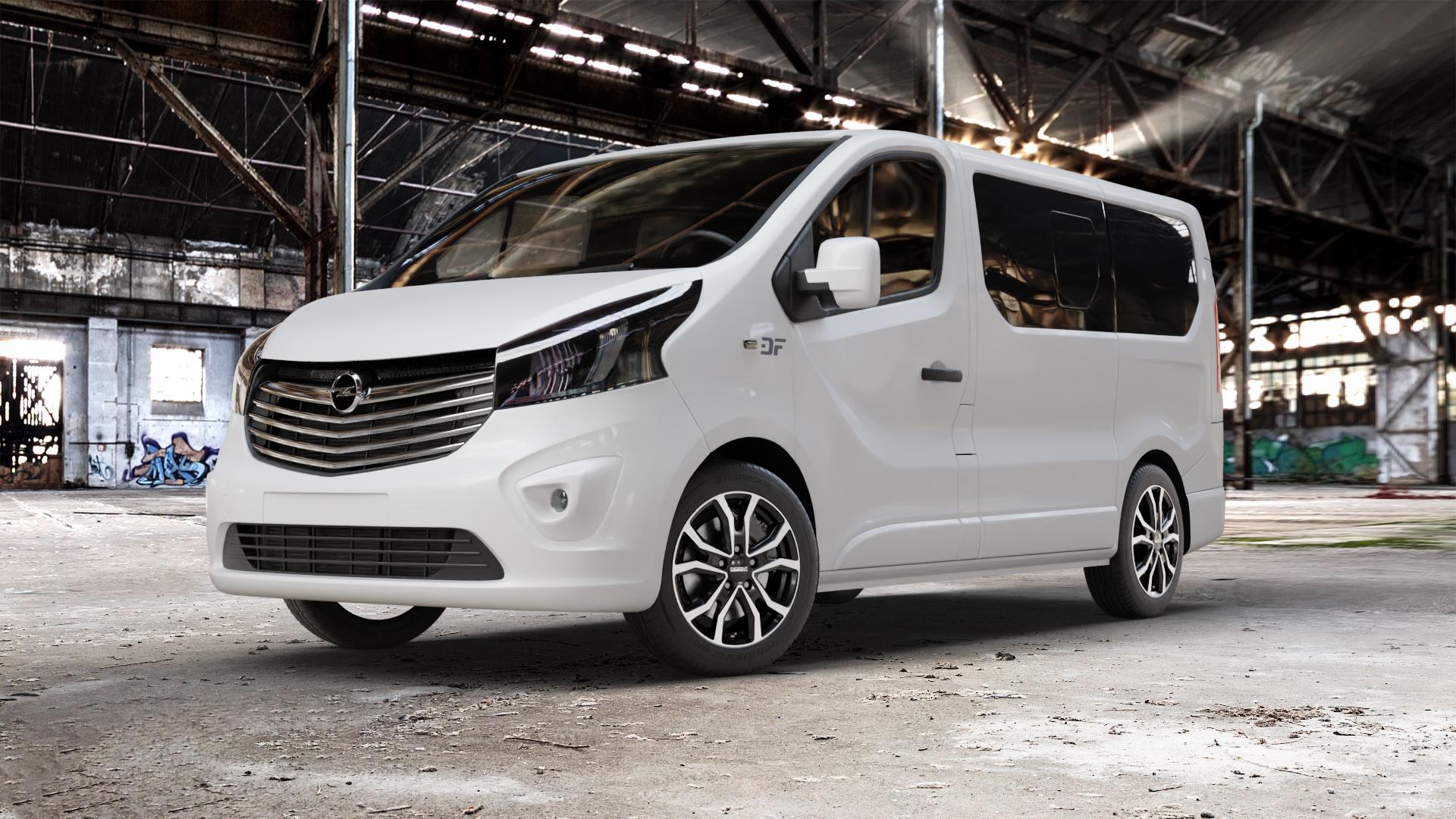 DEZENT TV BLACK/POLISHED Felge mit Reifen silber schwarz mehrfarbig in 17Zoll Winterfelge Alufelge auf weissem Opel Vivaro B Kombi Typ X83 ⬇️ mit 15mm Tieferlegung ⬇️ Old Industrial Hall_max_5300mm_2024 Frontansicht_1