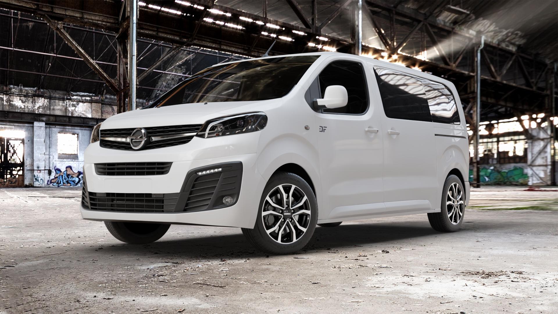 DEZENT TV BLACK/POLISHED Felge mit Reifen silber schwarz mehrfarbig in 17Zoll Winterfelge Alufelge auf weissem Opel Zafira Life Typ V ⬇️ mit 15mm Tieferlegung ⬇️ Old Industrial Hall_max_5300mm_2024 Frontansicht_1