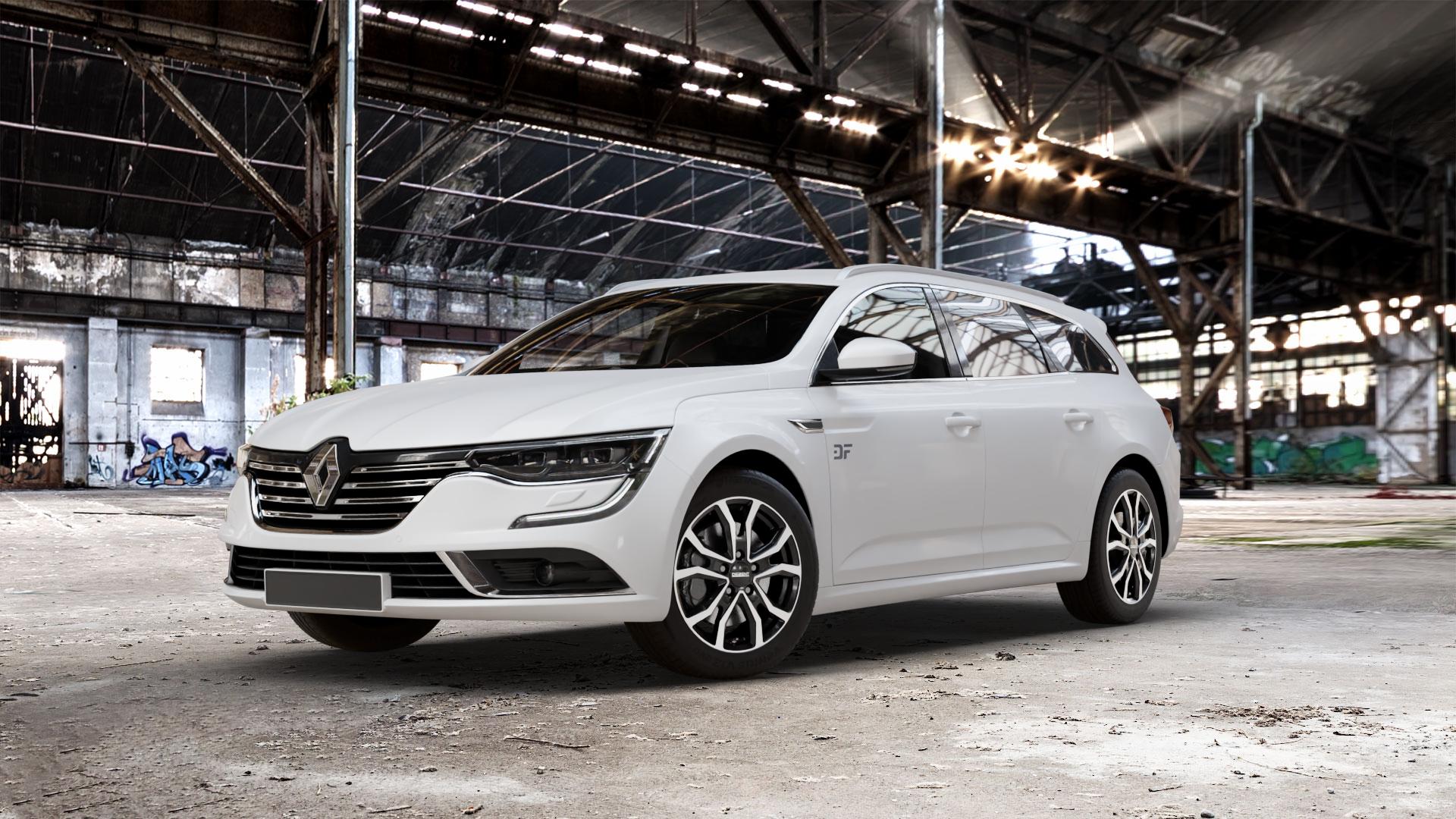DEZENT TV BLACK/POLISHED Felge mit Reifen silber schwarz mehrfarbig in 17Zoll Winterfelge Alufelge auf weissem Renault Talisman Grandtour Typ RFD ⬇️ mit 15mm Tieferlegung ⬇️ Old Industrial Hall_max_5300mm_2024 Frontansicht_1
