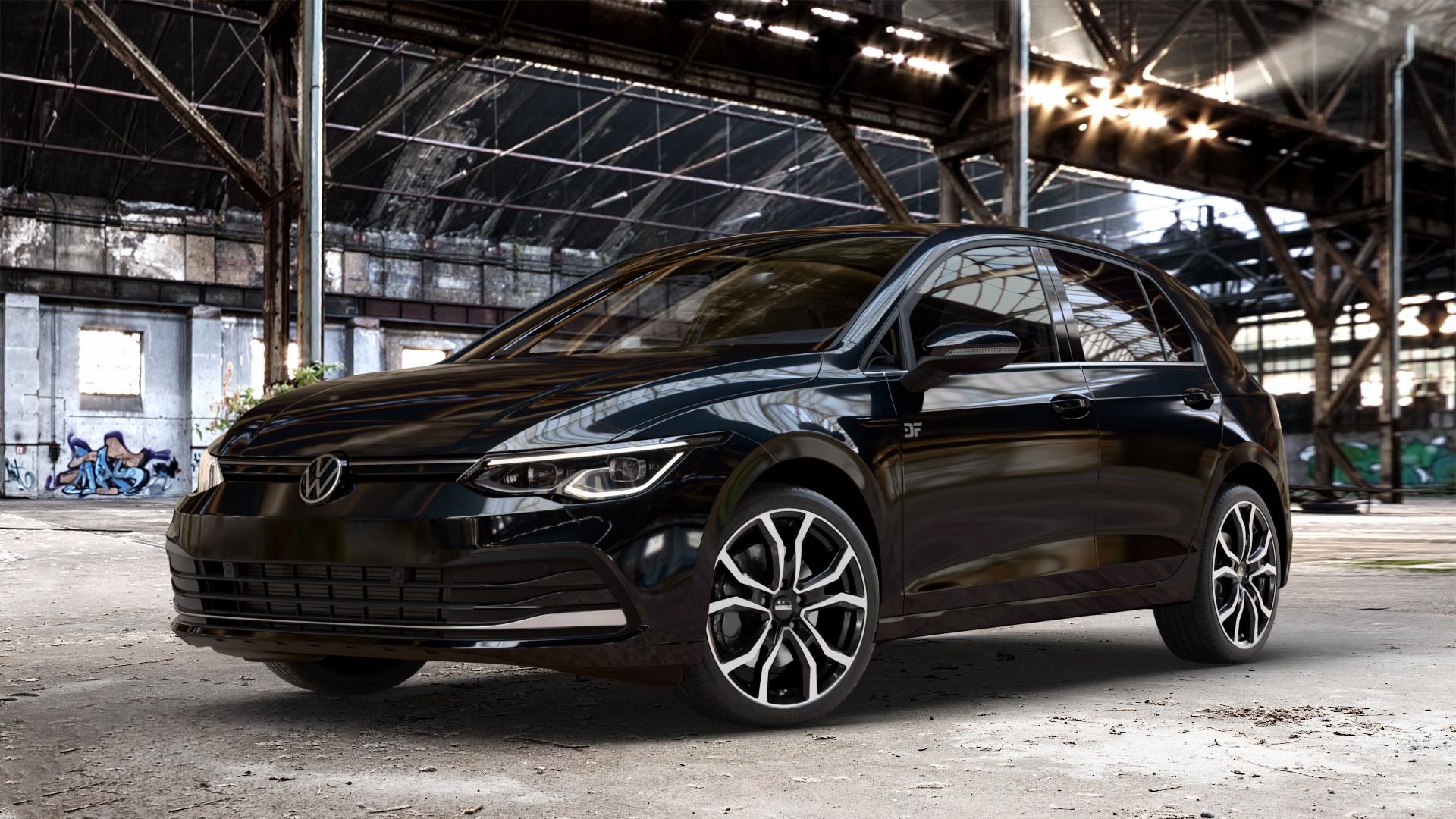 DEZENT TV BLACK/POLISHED Felge mit Reifen silber schwarz mehrfarbig in 18Zoll Winterfelge Alufelge auf metallic schwarzem Volkswagen (VW) Golf 8 1,5l TSI 96kW (131 PS) 110kW (150 2,0l TDI 85kW (116 Mild-Hybrid 1,0l 81kW (110 66kW (90 1,4l Hybrid TGI 4Motion 140kW (190 ⬇️ mit 15mm Tieferlegung ⬇️ Old Industrial Hall_max_4400mm_2024 Frontansicht_1